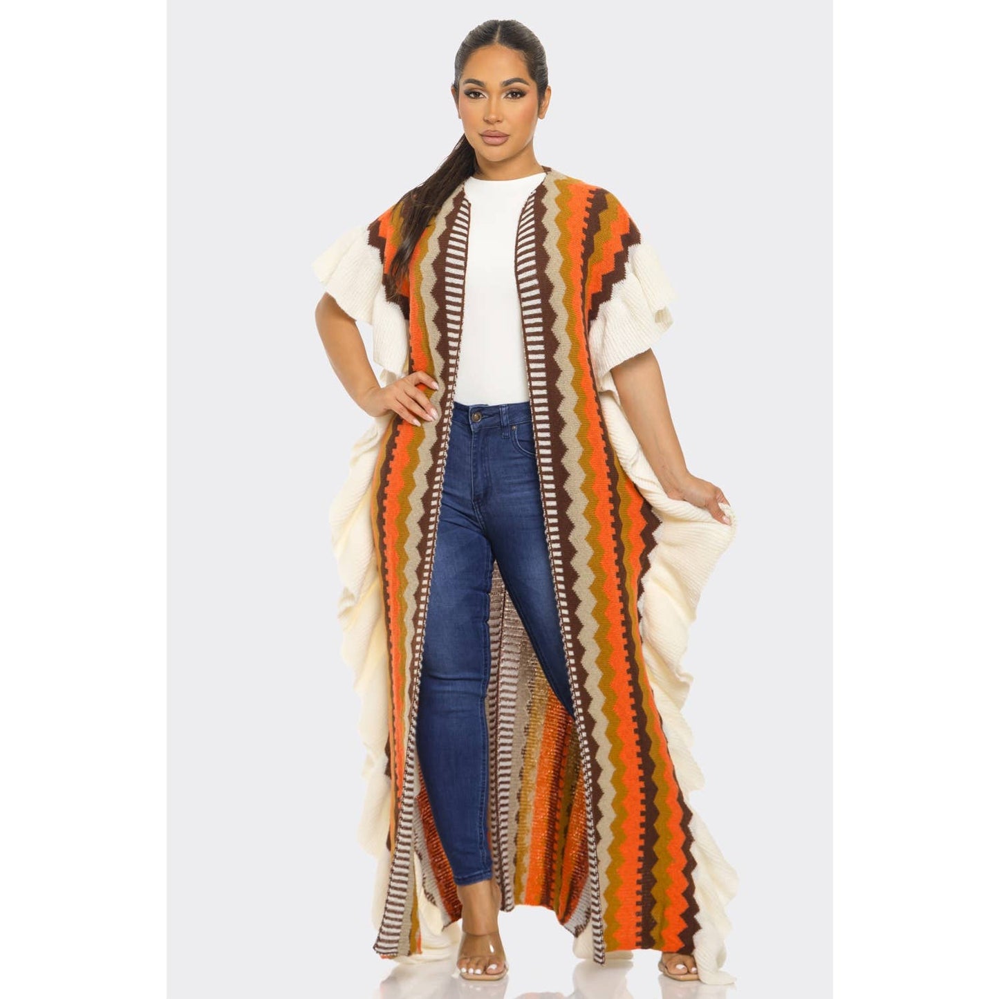 Multicolor Long Poncho Cardigan: MOCHA/MULTI / ONE SIZE