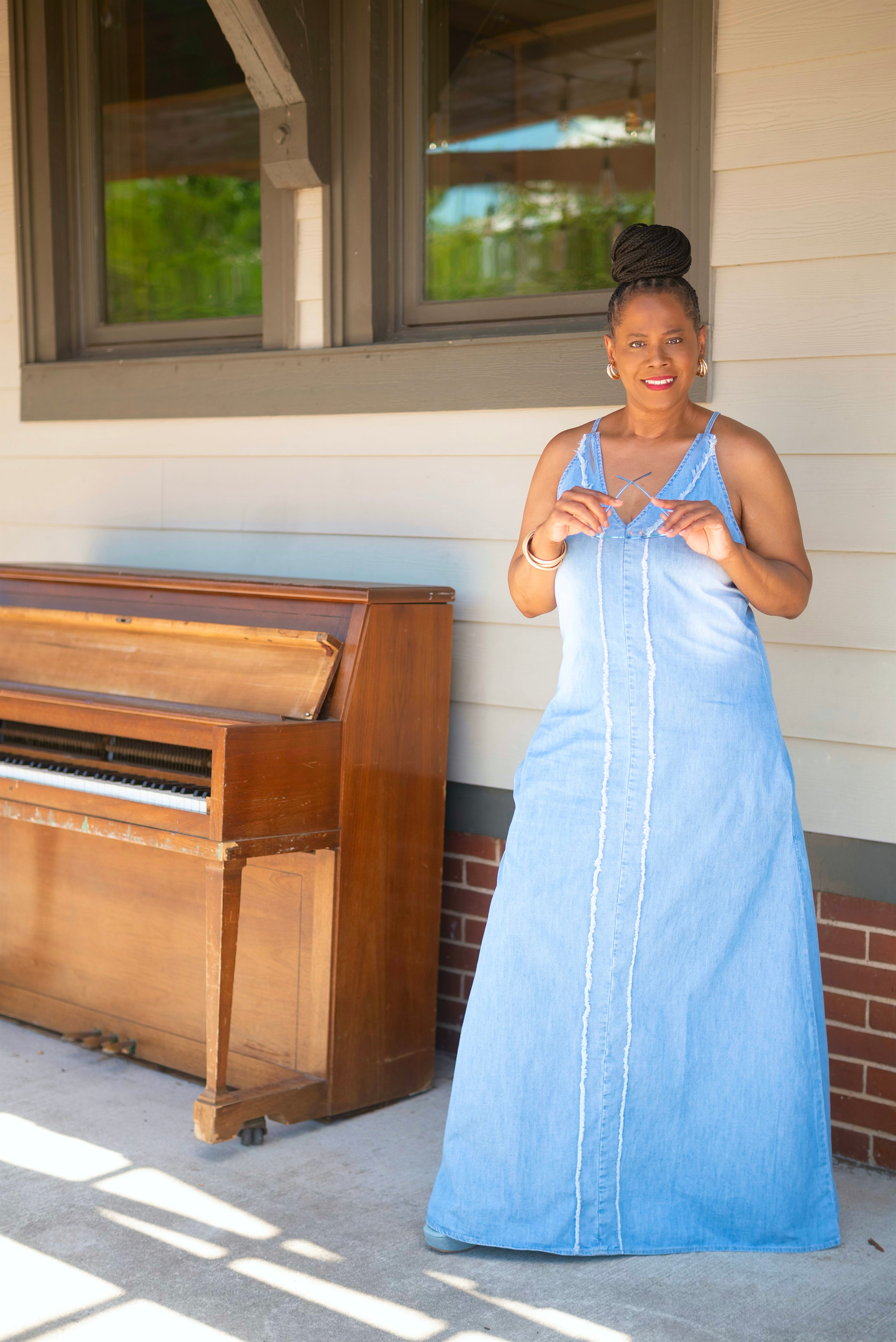 Denim front fringe maxi dress: DENIM BLUE / S-M-L-XL / 1-1-1-1