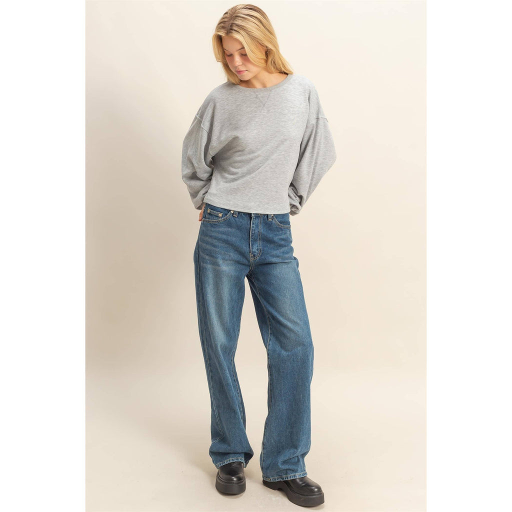 Round Neck Casual Long Sleeve Knit Top: H.GRAY