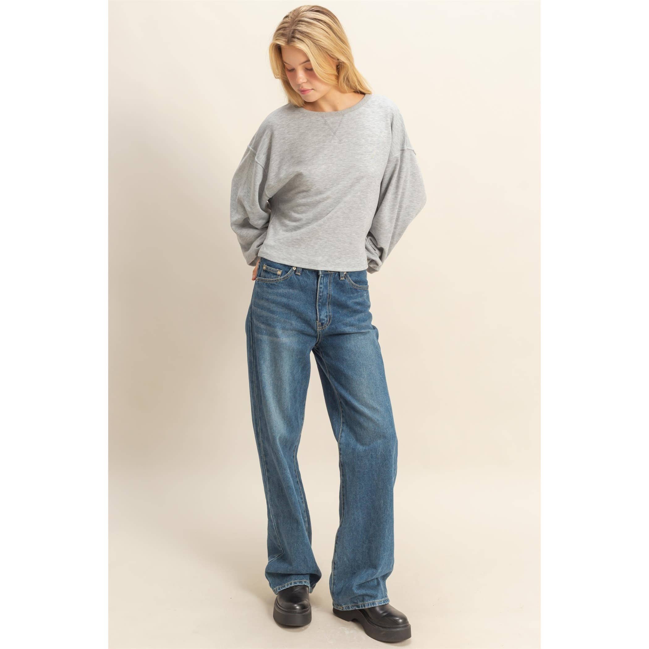 Round Neck Casual Long Sleeve Knit Top: H.GRAY