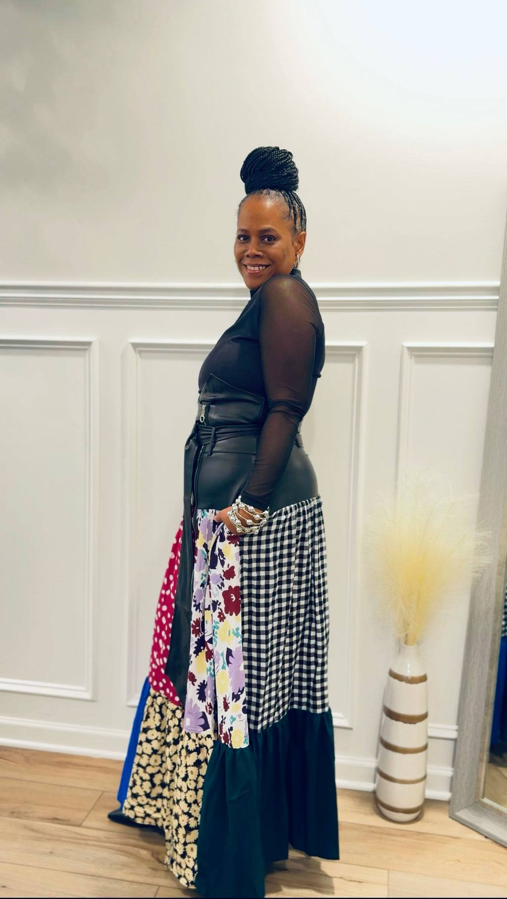 High Waisted Vegan Leather With Patch Print Maxi skirt