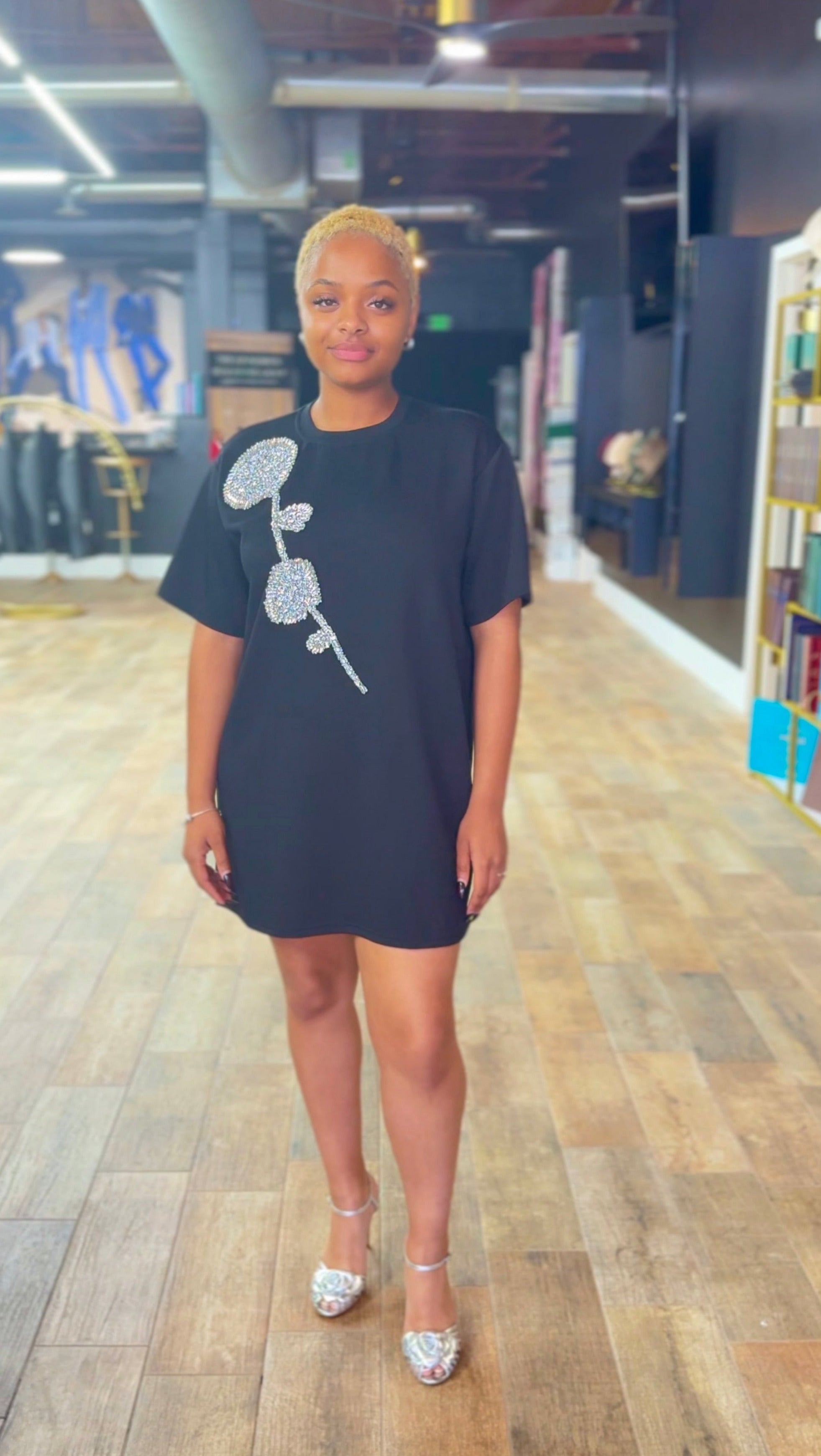 Black Rhinestone Beaded Flower Embellished T-Shirt Dress