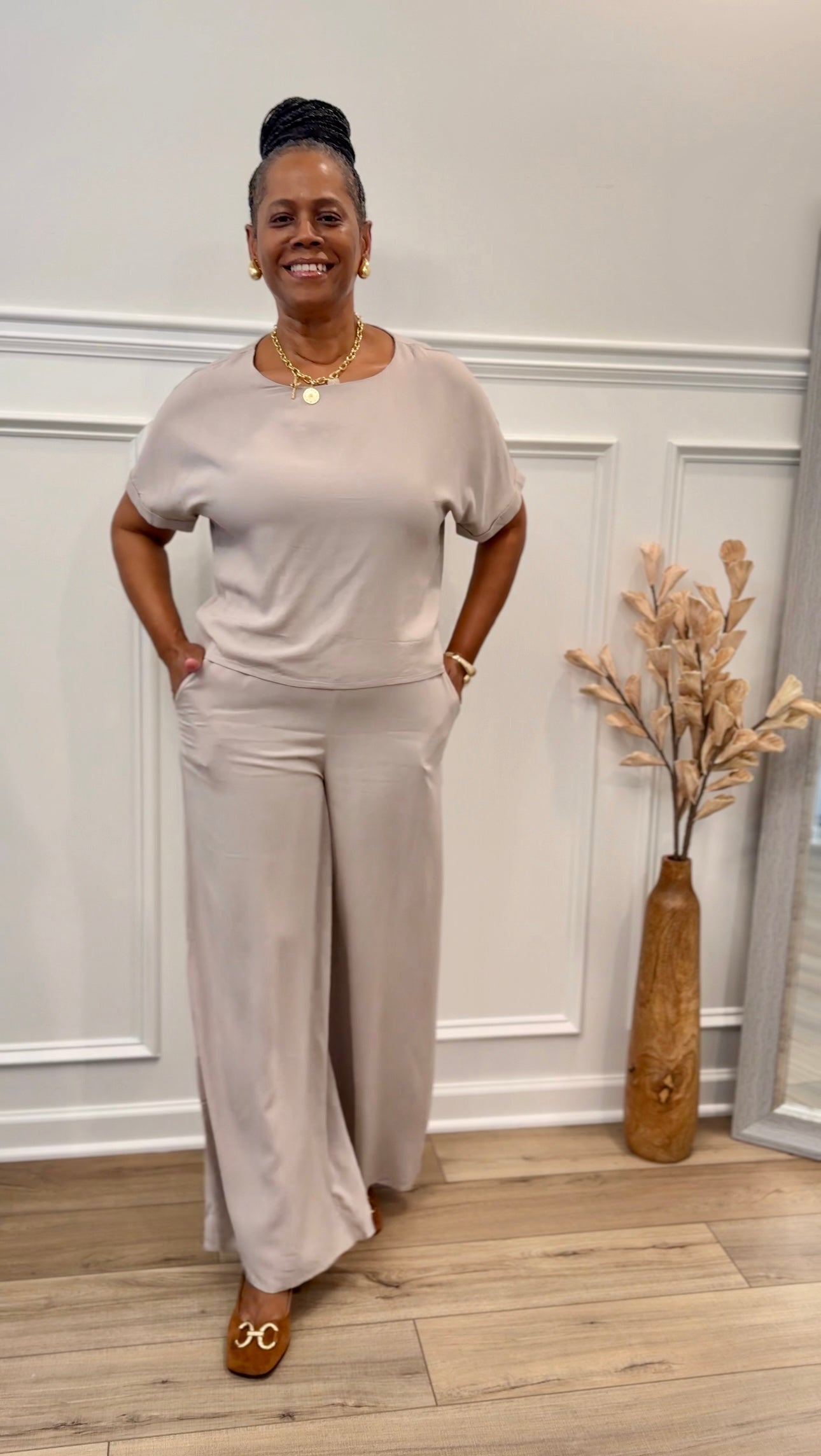 Woven Short Sleeve Long Pants Set: ASH MOCHA