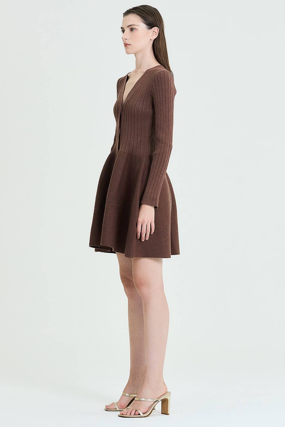 Fit & Flare Button-Up Ribbed Knit Dress: Brown