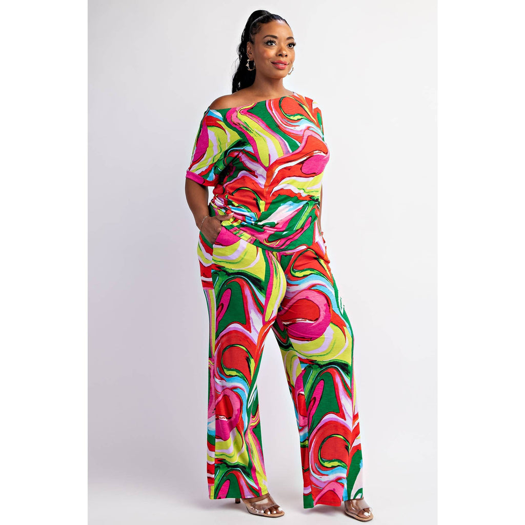 PLUS SIZE SHORT SLEEVE TOP AND WIDE LEG PANTS SEt