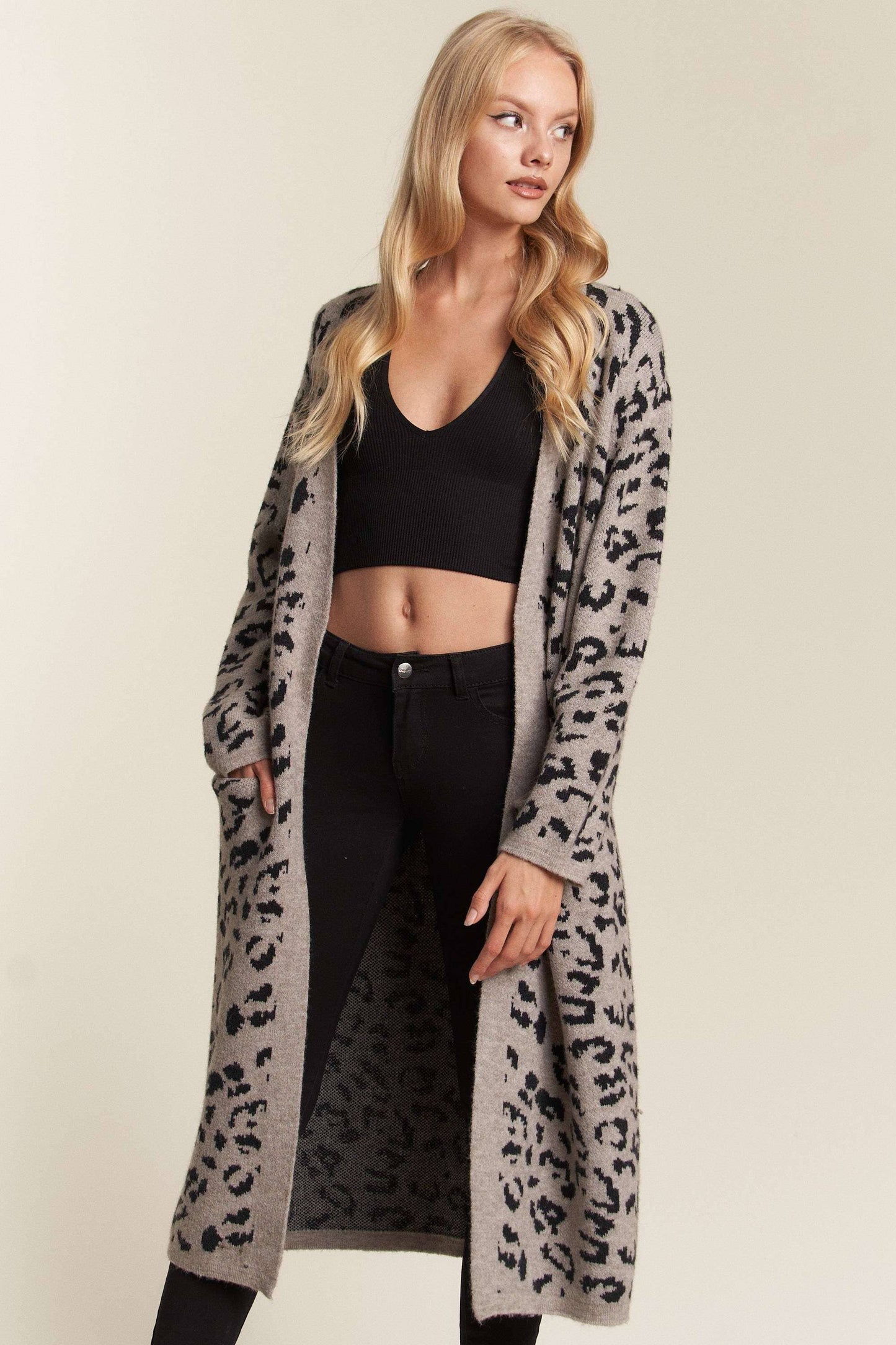 LEOPARD PRINTED OPEN SWEATER CARDIGAN WITH POCKET