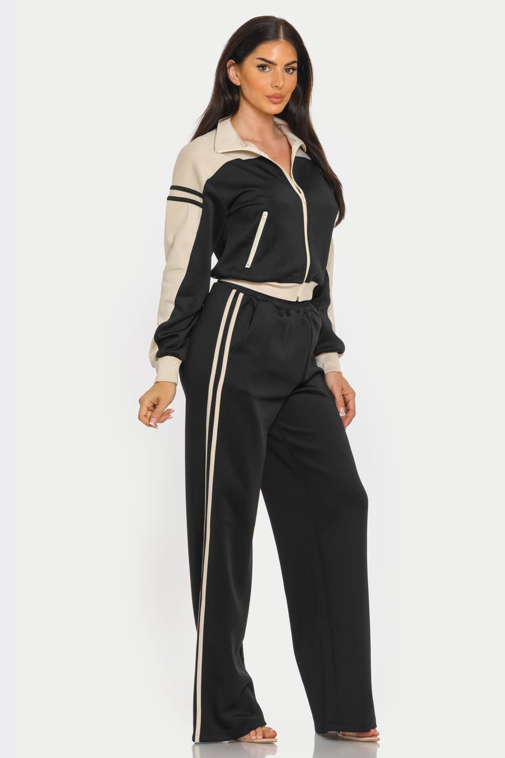 Colorblock Front Zip Up Jacket And Pants Set : Black-Ivory