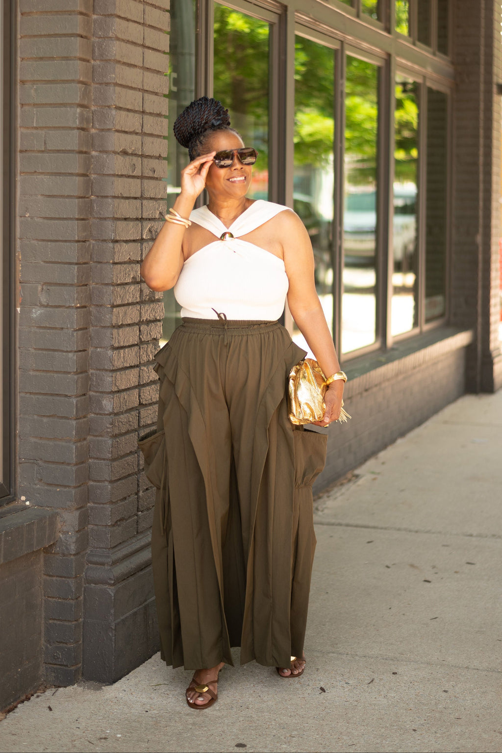 Ruffle Cargo Wide-Leg Pants: ARMY GREEN