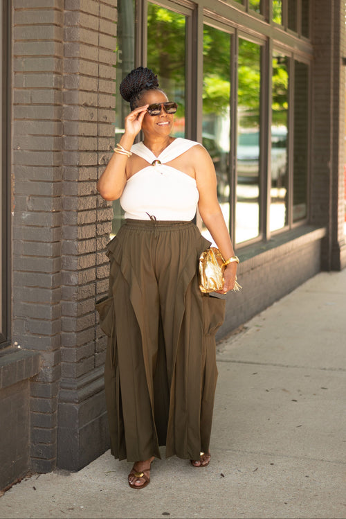 Ruffle Cargo Wide-Leg Pants: ARMY GREEN