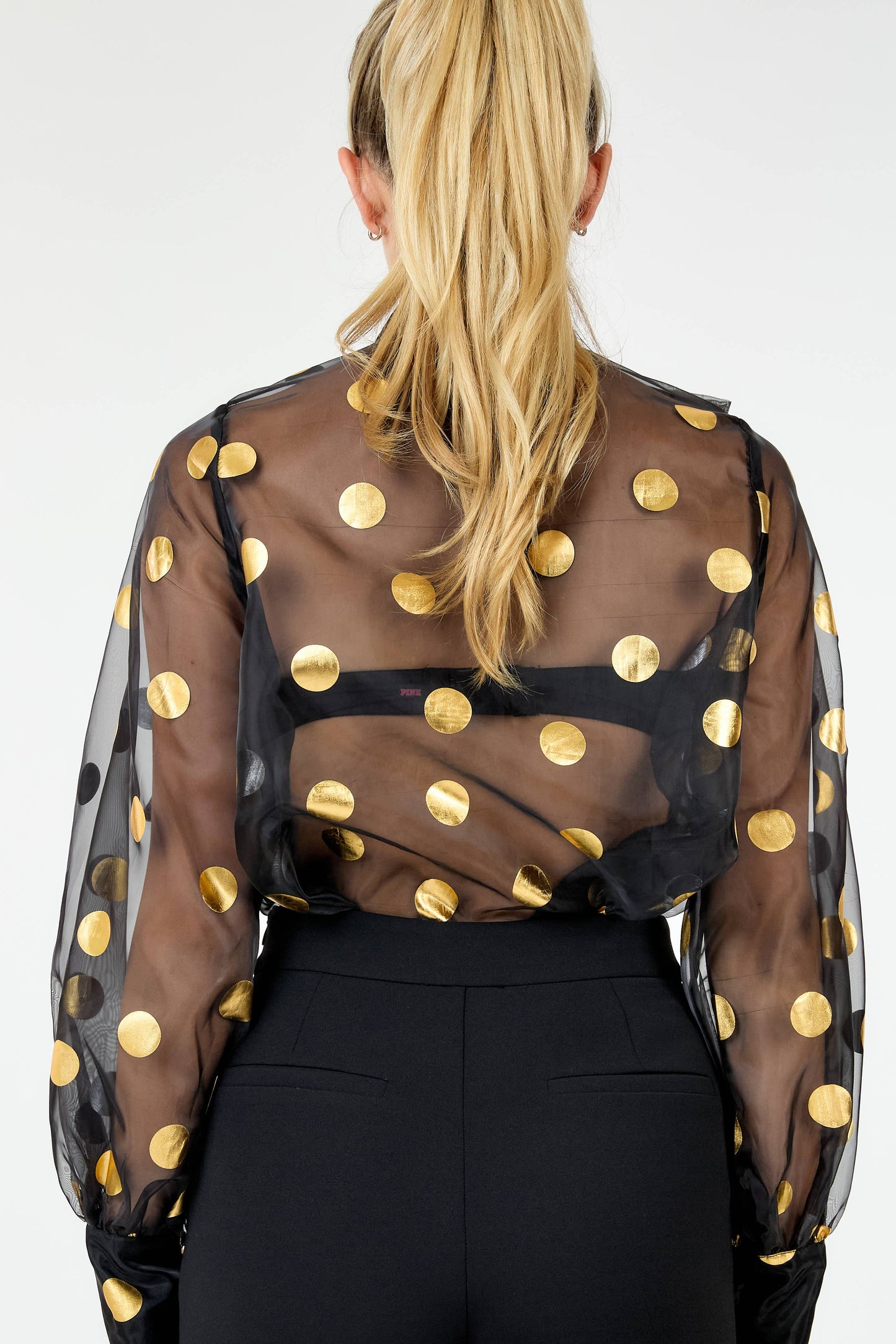 Golden Glimmer Polka Dot Sheer Blouse with Bow Tie