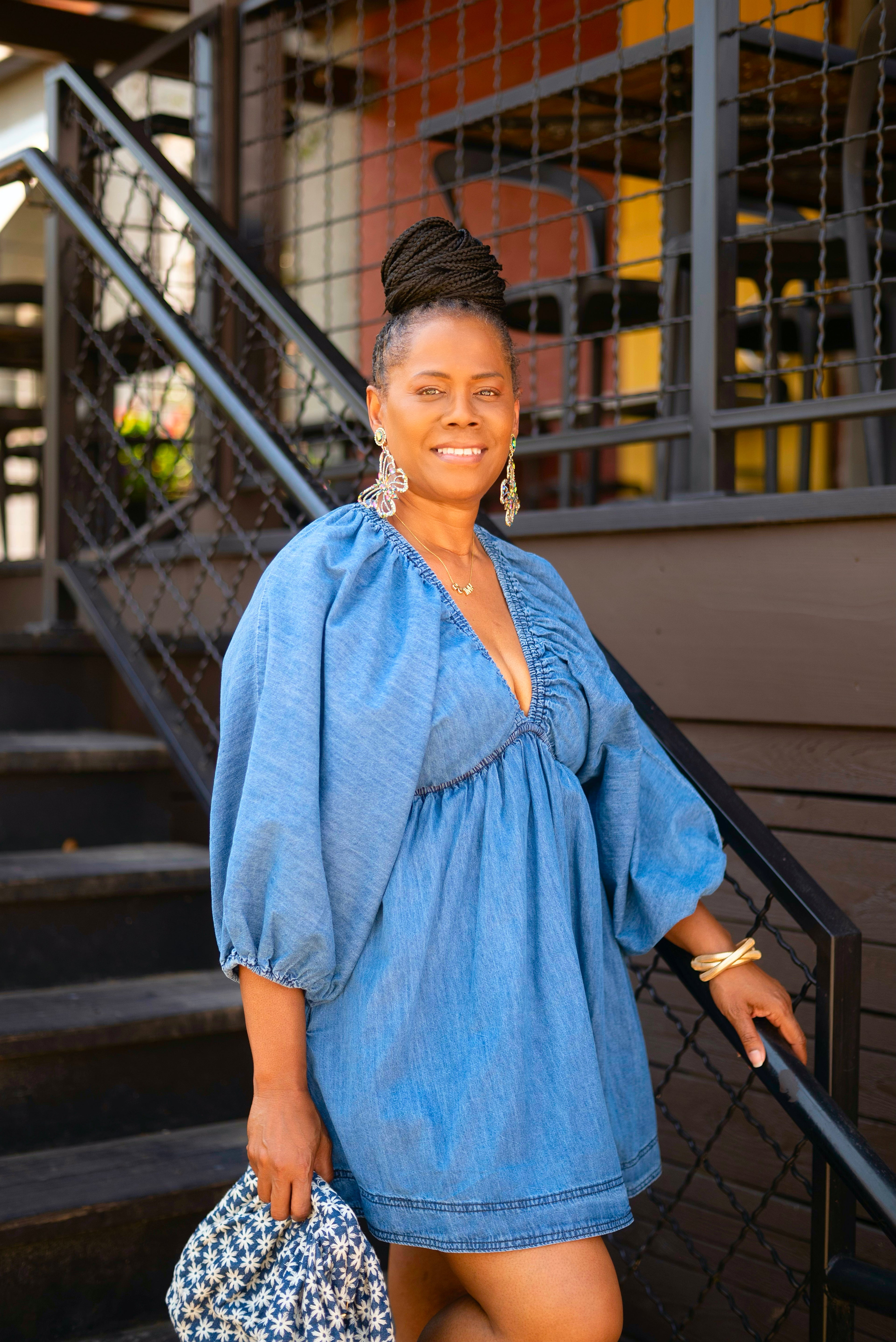 Denim V-Neck Puff Sleeve Dress