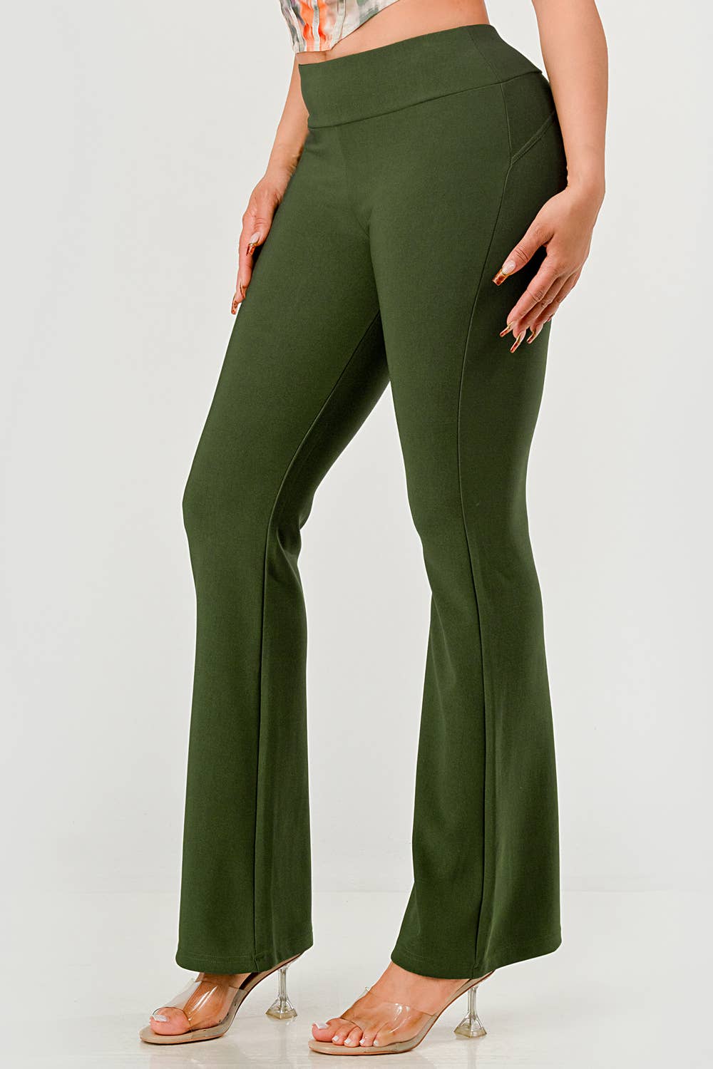 Womens Tummy Control Sculpting Flare Pants With Button Waist: Army Green
