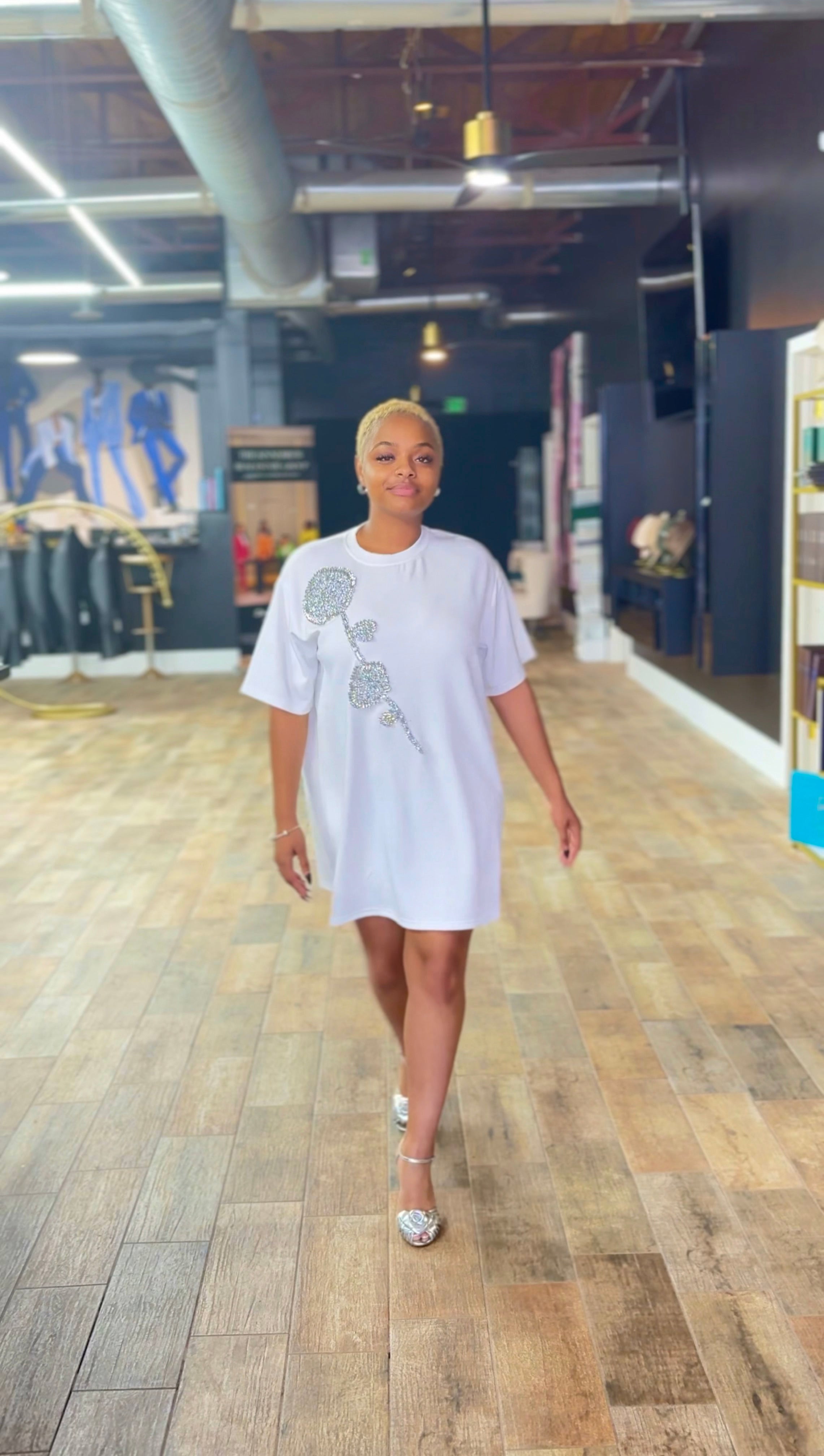 White Rhinestone Beaded Flower Embellished T-Shirt Dress