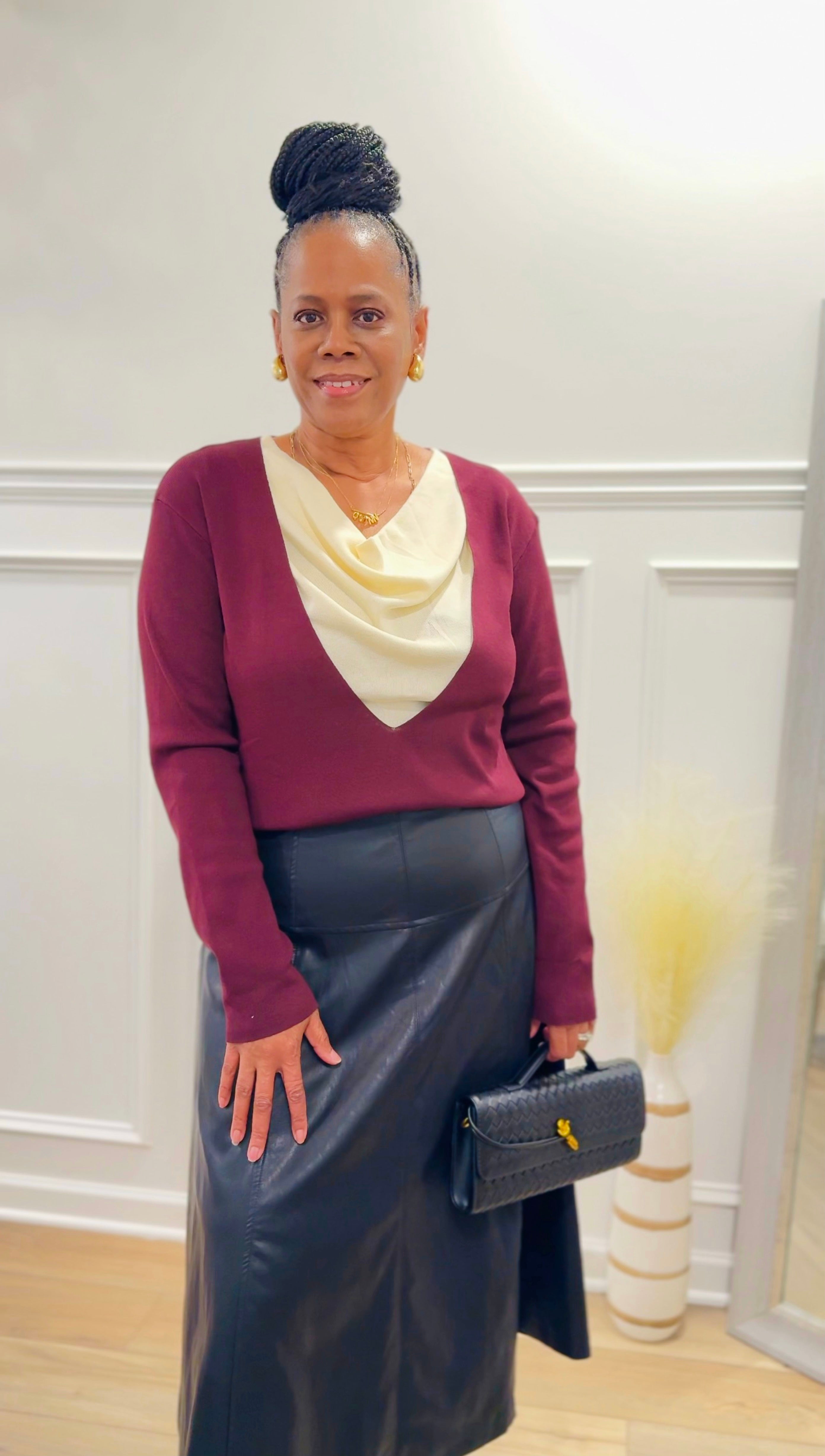 Two-Tone Knit Top with Draped Contrast Detail: BURGUNDY COMBO