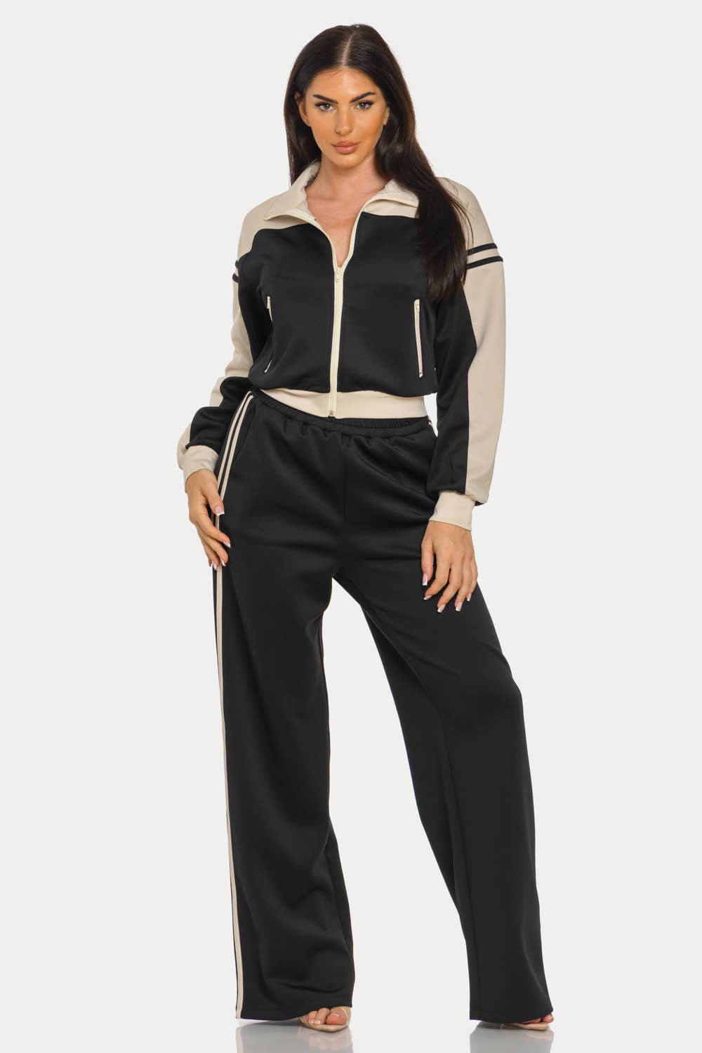 Colorblock Front Zip Up Jacket And Pants Set : Black-Ivory