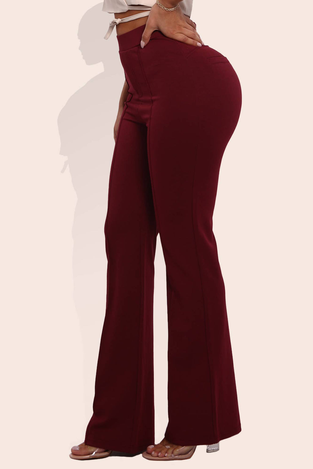 Womens High Waist Front Seam Ponte Flare Pants: Burgundy