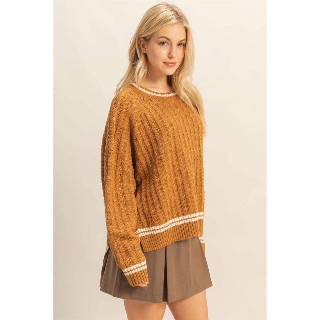 Textured Knit Sweater With Contrast Trim Detail: CAMEL