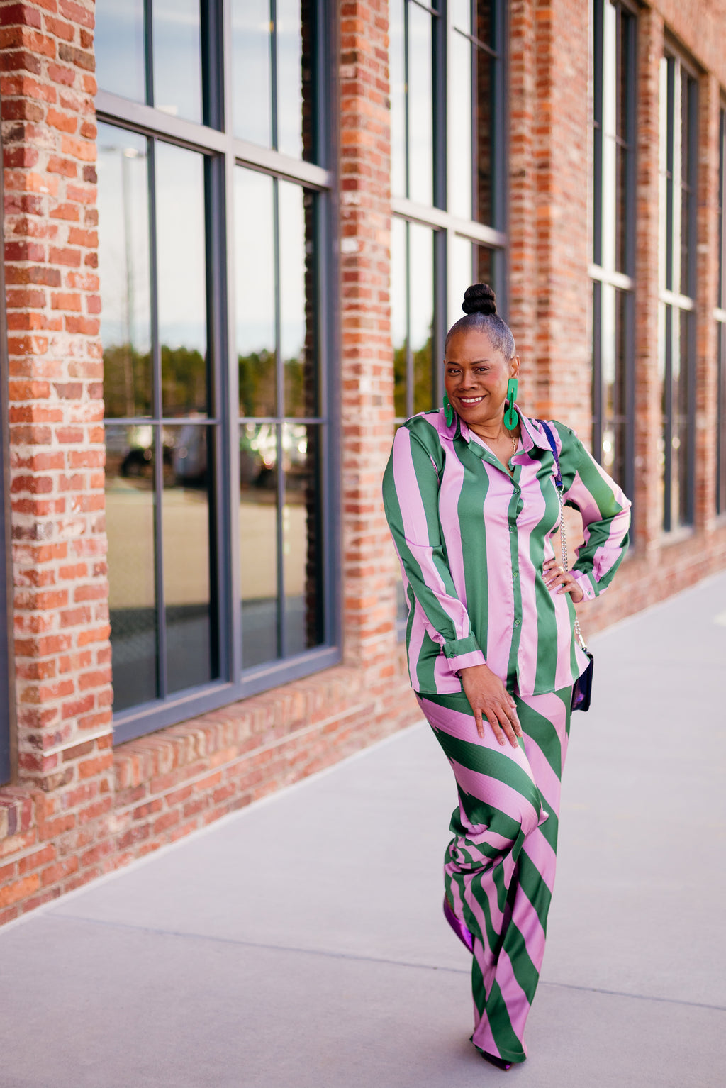 Satin Striped Button Down Shirt with Matching Pants Set