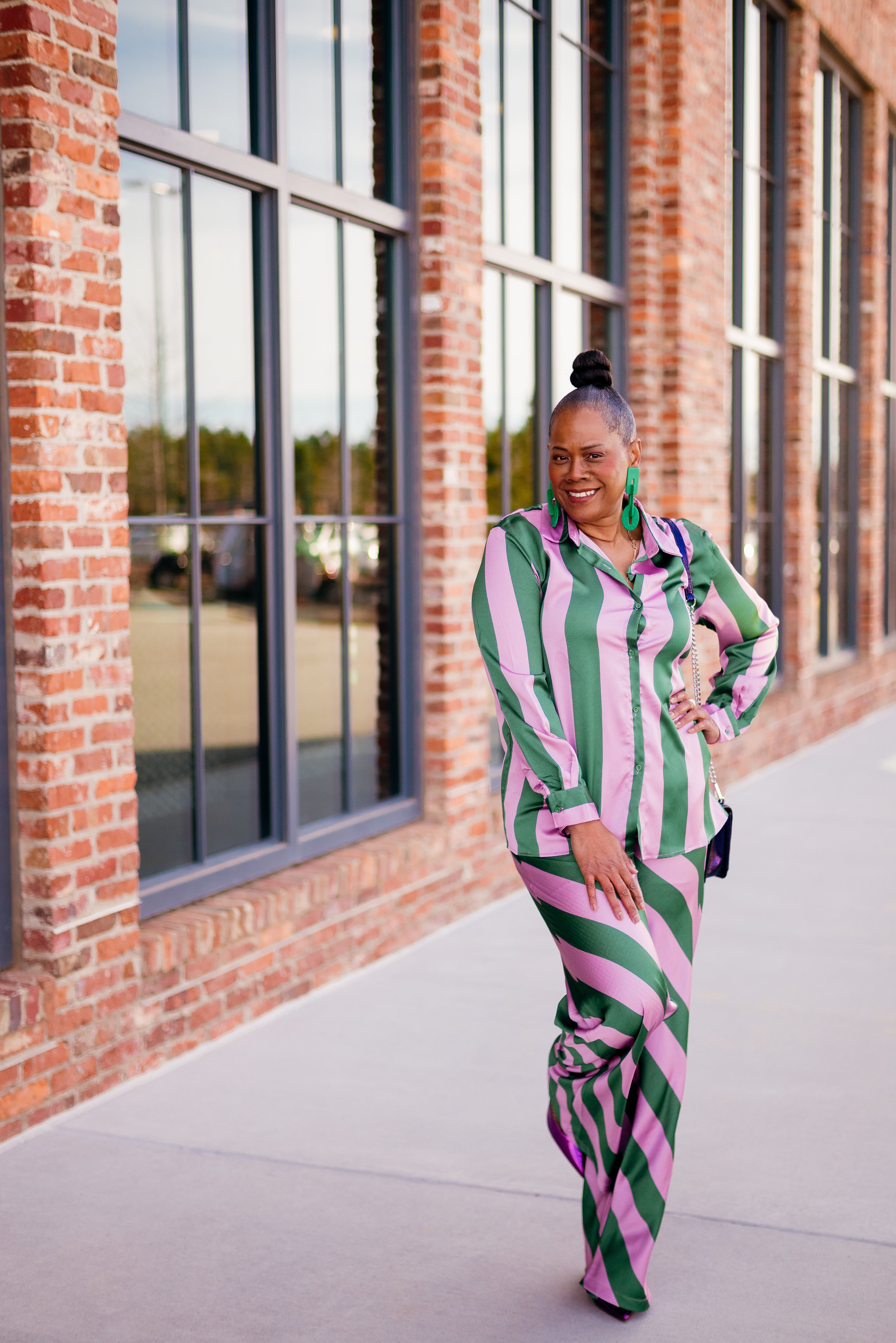 Satin Striped Button Down Shirt with Matching Pants Set