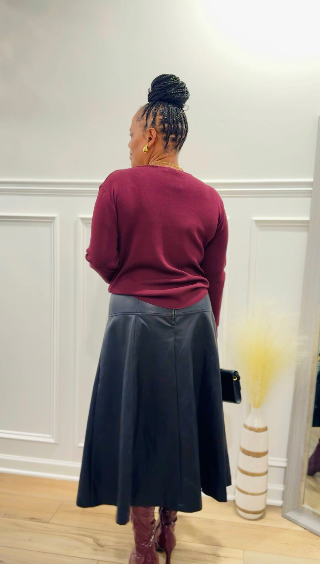 Two-Tone Knit Top with Draped Contrast Detail: BURGUNDY COMBO