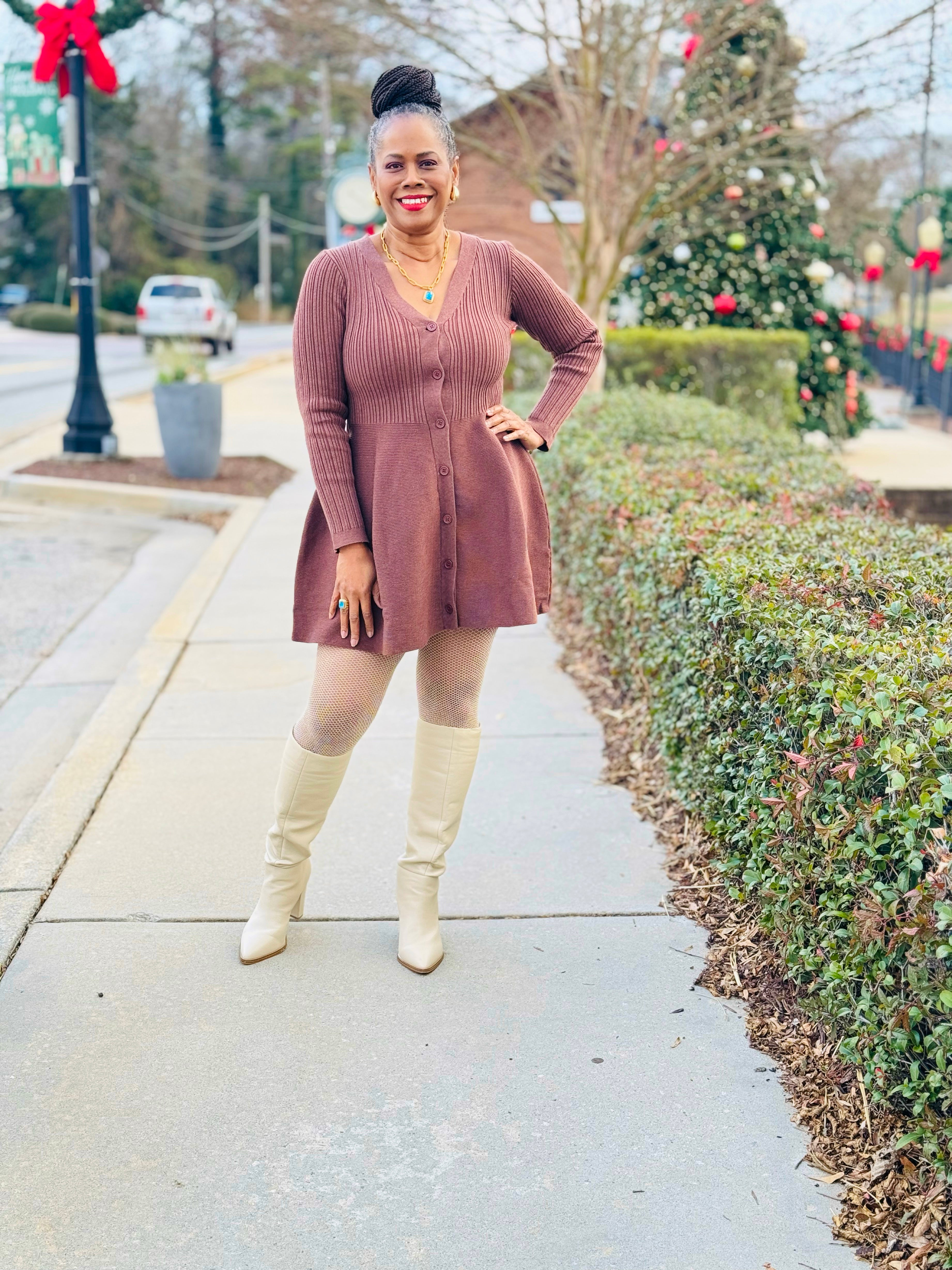 Fit & Flare Button-Up Ribbed Knit Dress: Brown