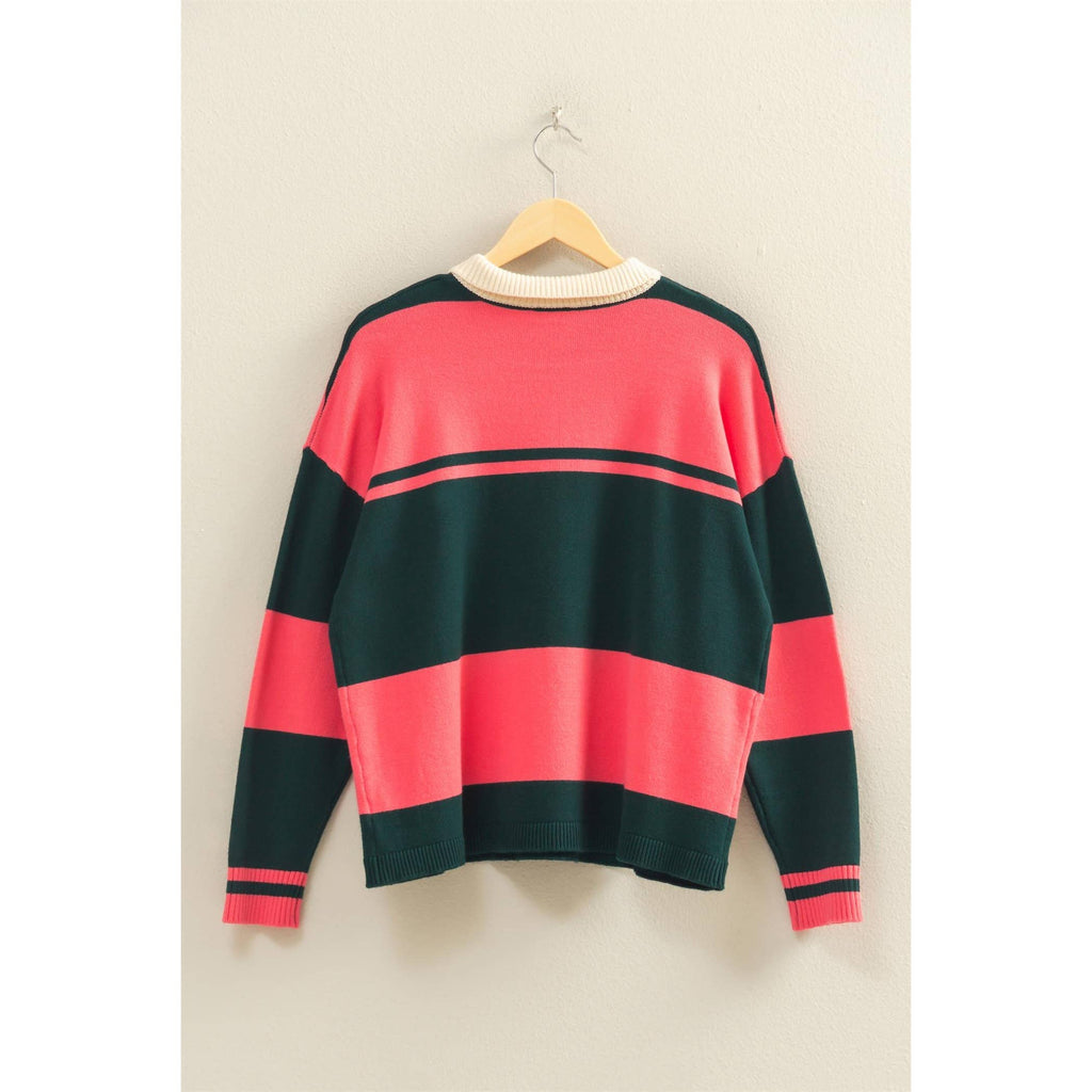 Contrasting Striped Sweater With Polo Collar: DEEP GREEN/TAFFY PINK