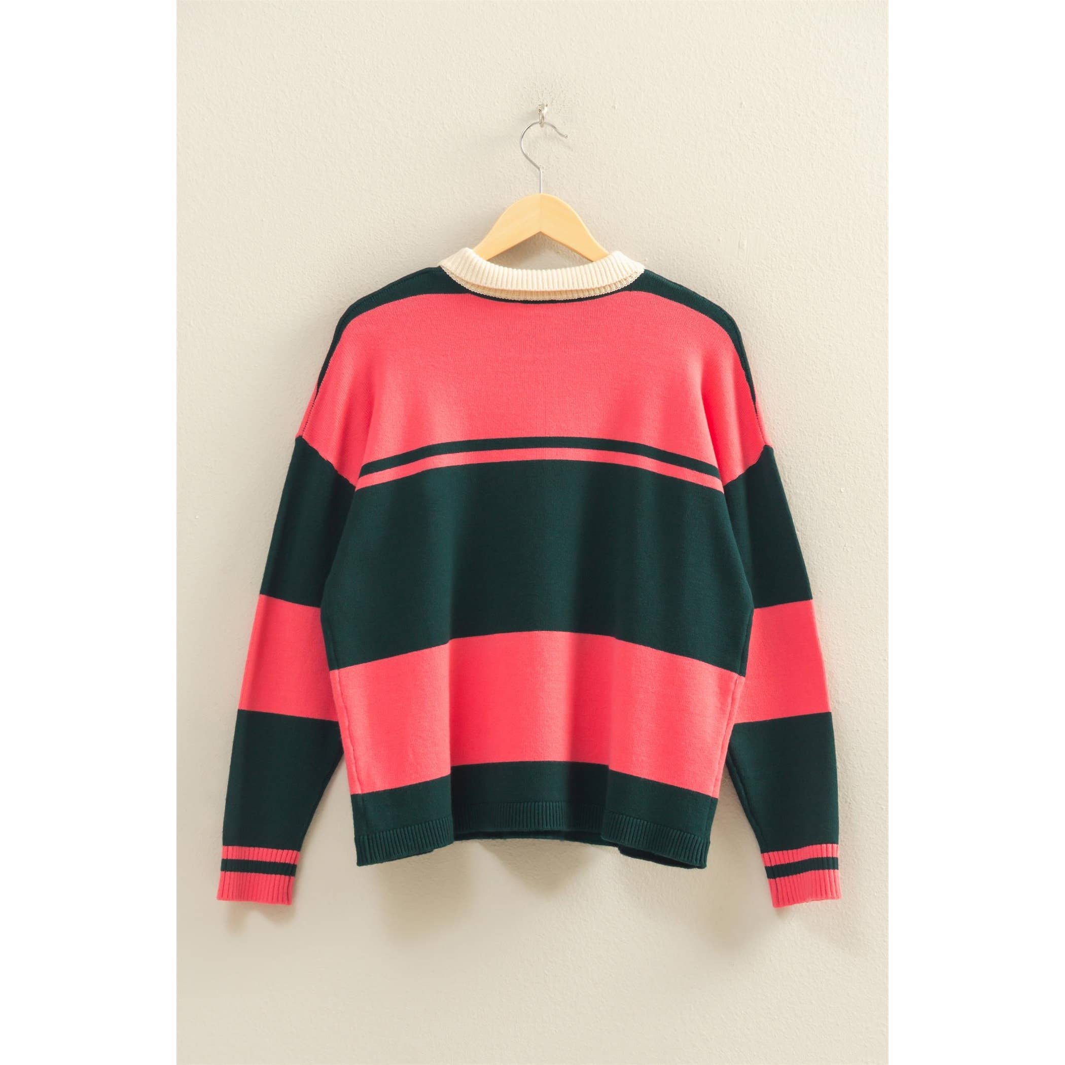 Contrasting Striped Sweater With Polo Collar: DEEP GREEN/TAFFY PINK