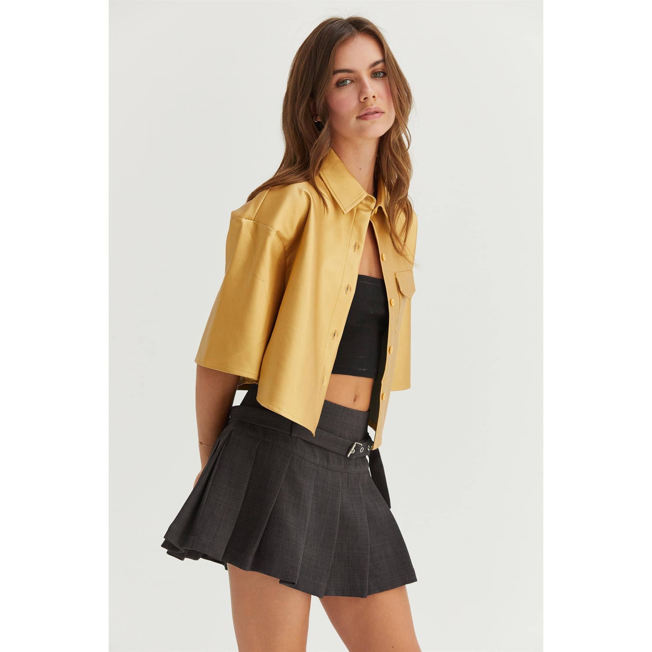 Faux Leather Button-Down Cropped Shirt: GOLD