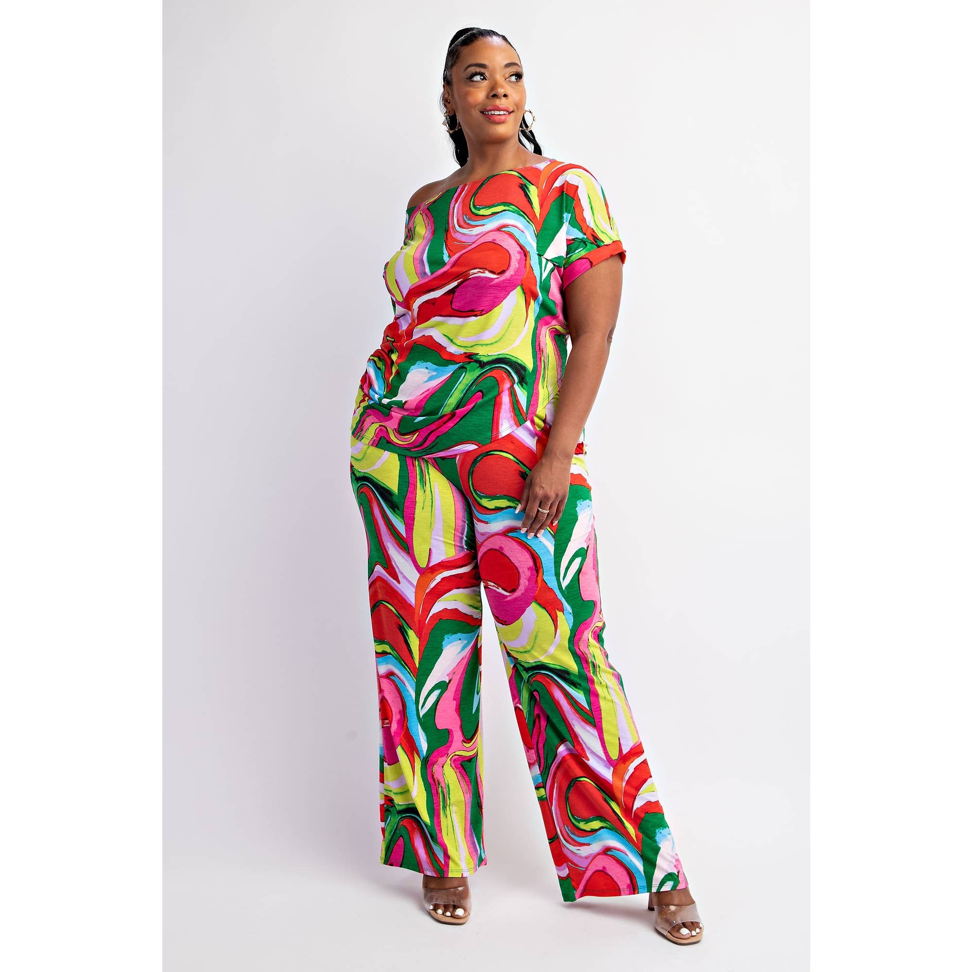 PLUS SIZE SHORT SLEEVE TOP AND WIDE LEG PANTS SEt