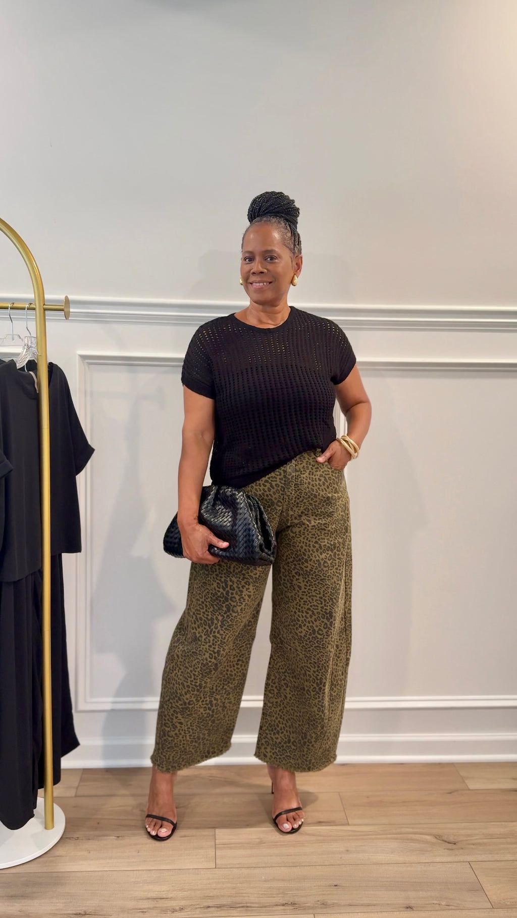 Crochet Knit Sheer Hollow Sweater & Cheetah Barrel Jeans