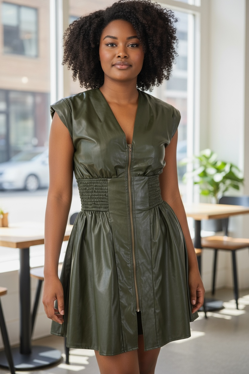 Faux Leather Dress: Black & Olive