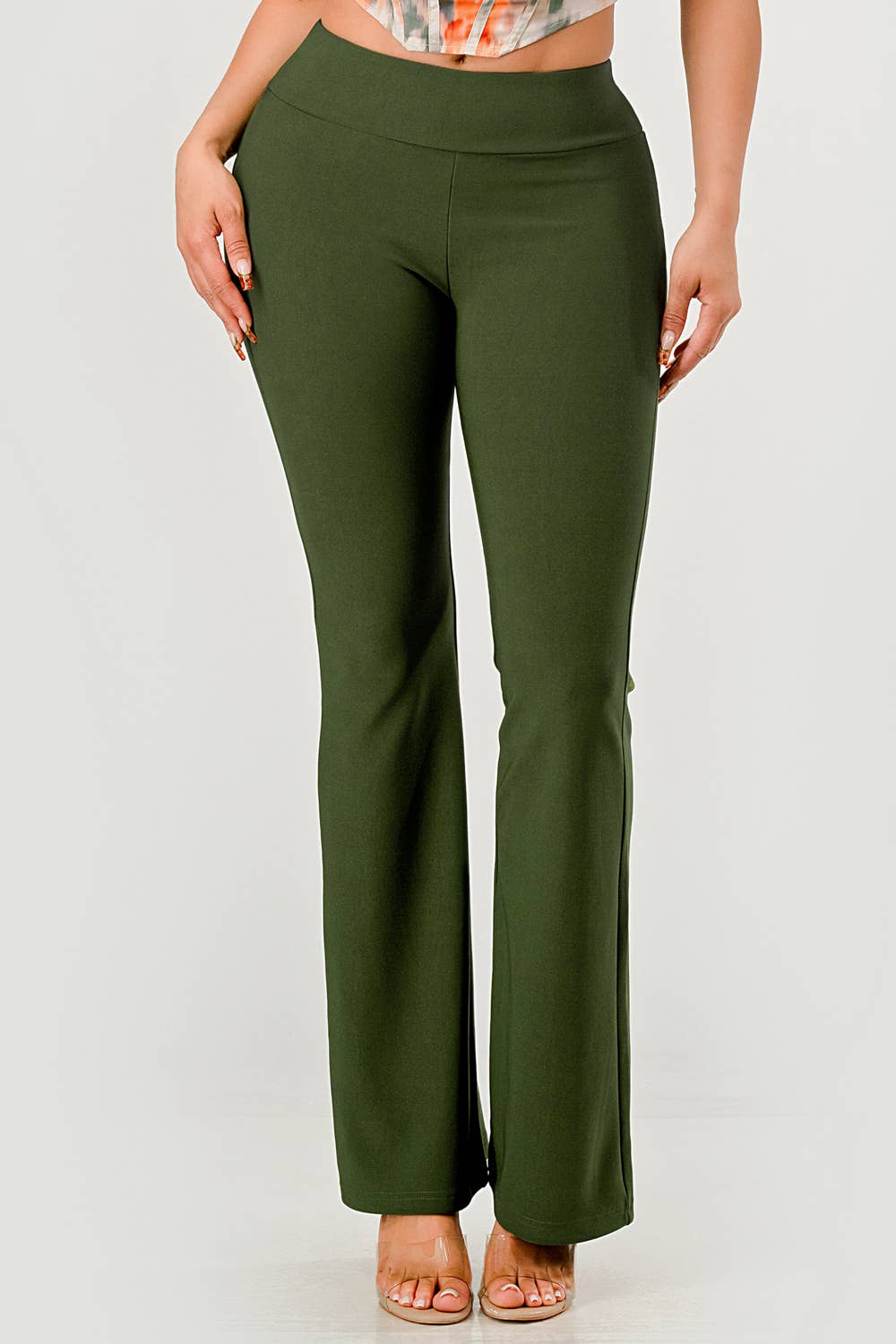 Womens Tummy Control Sculpting Flare Pants With Button Waist: Army Green