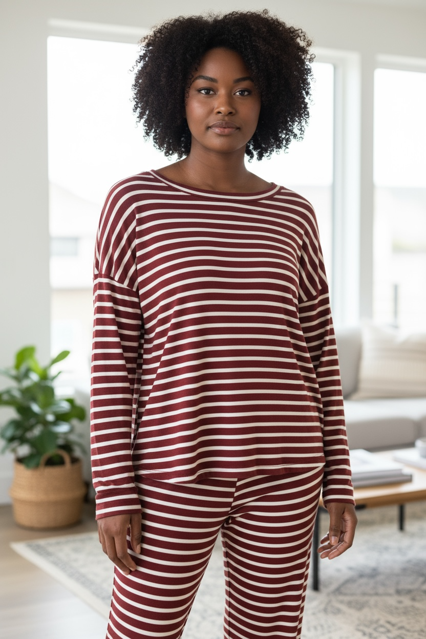 French Terry Animal Mix Lounge Set - Striped Print: Burgundy