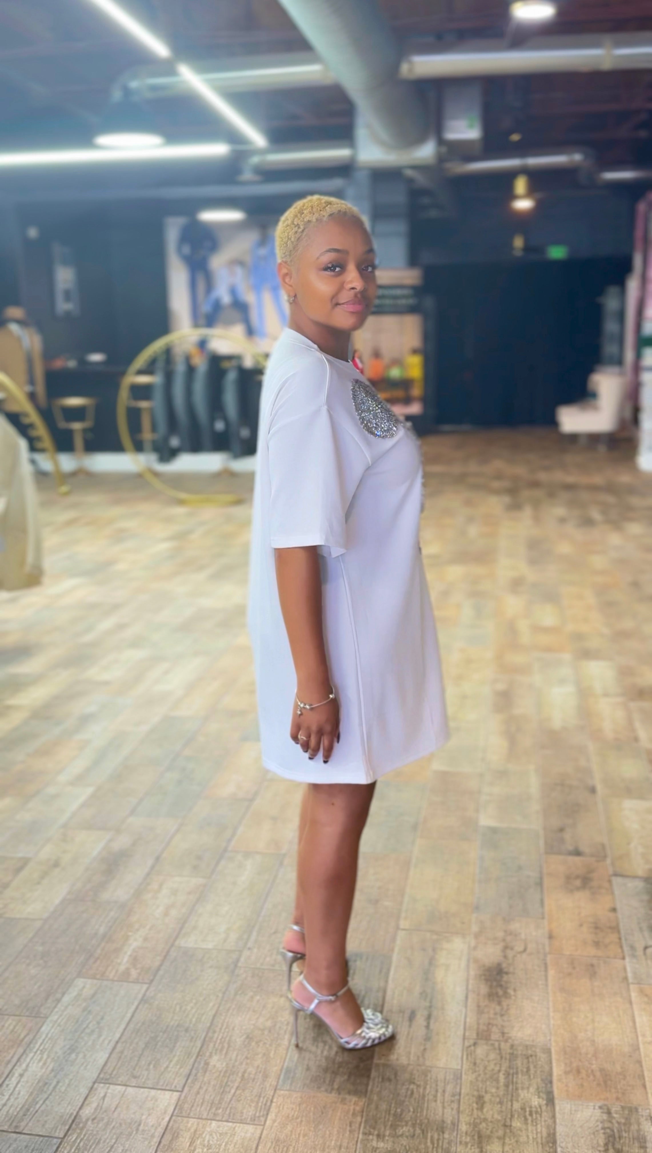 White Rhinestone Beaded Flower Embellished T-Shirt Dress