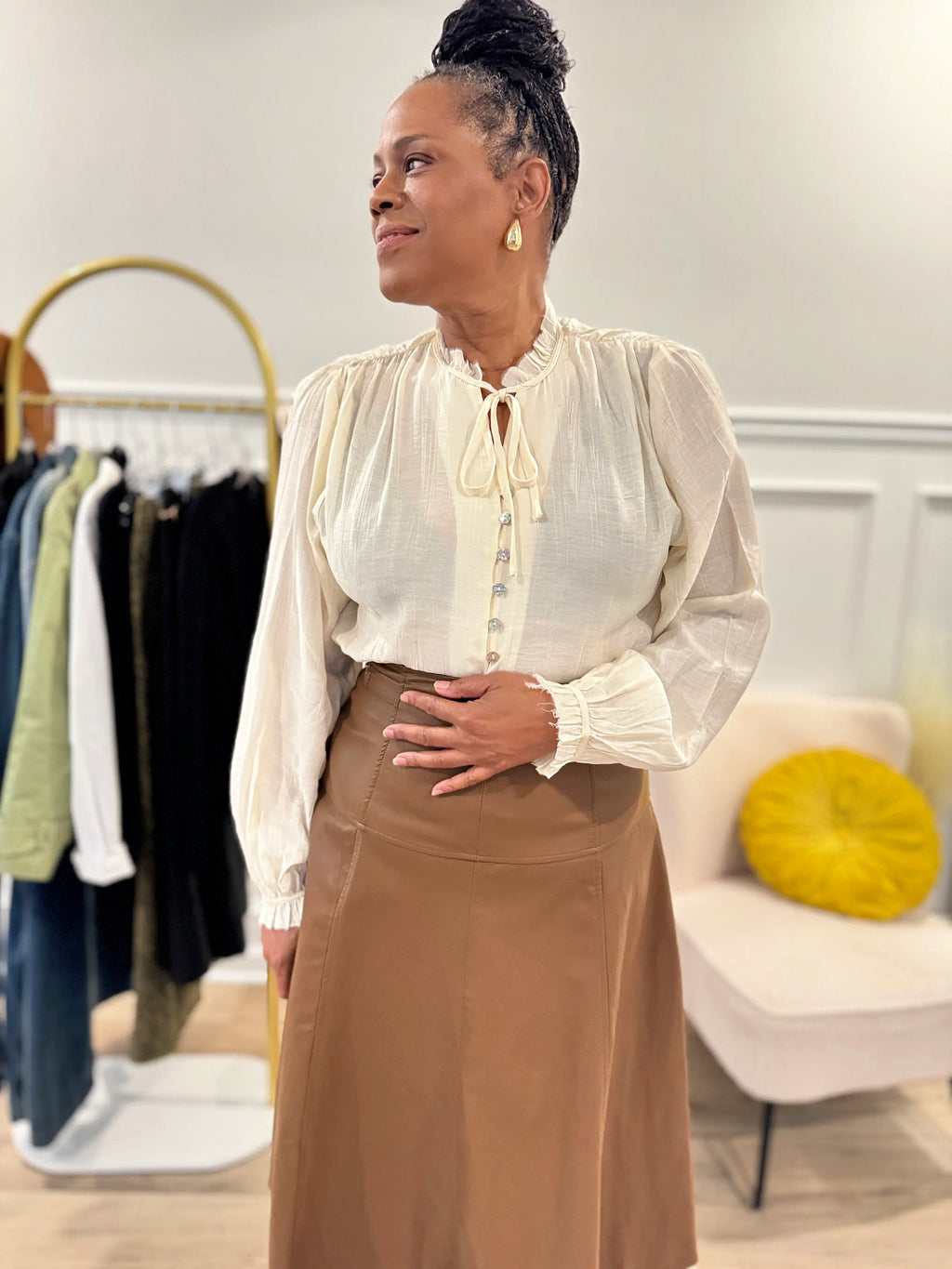 Button Front Tie Neck Blouse