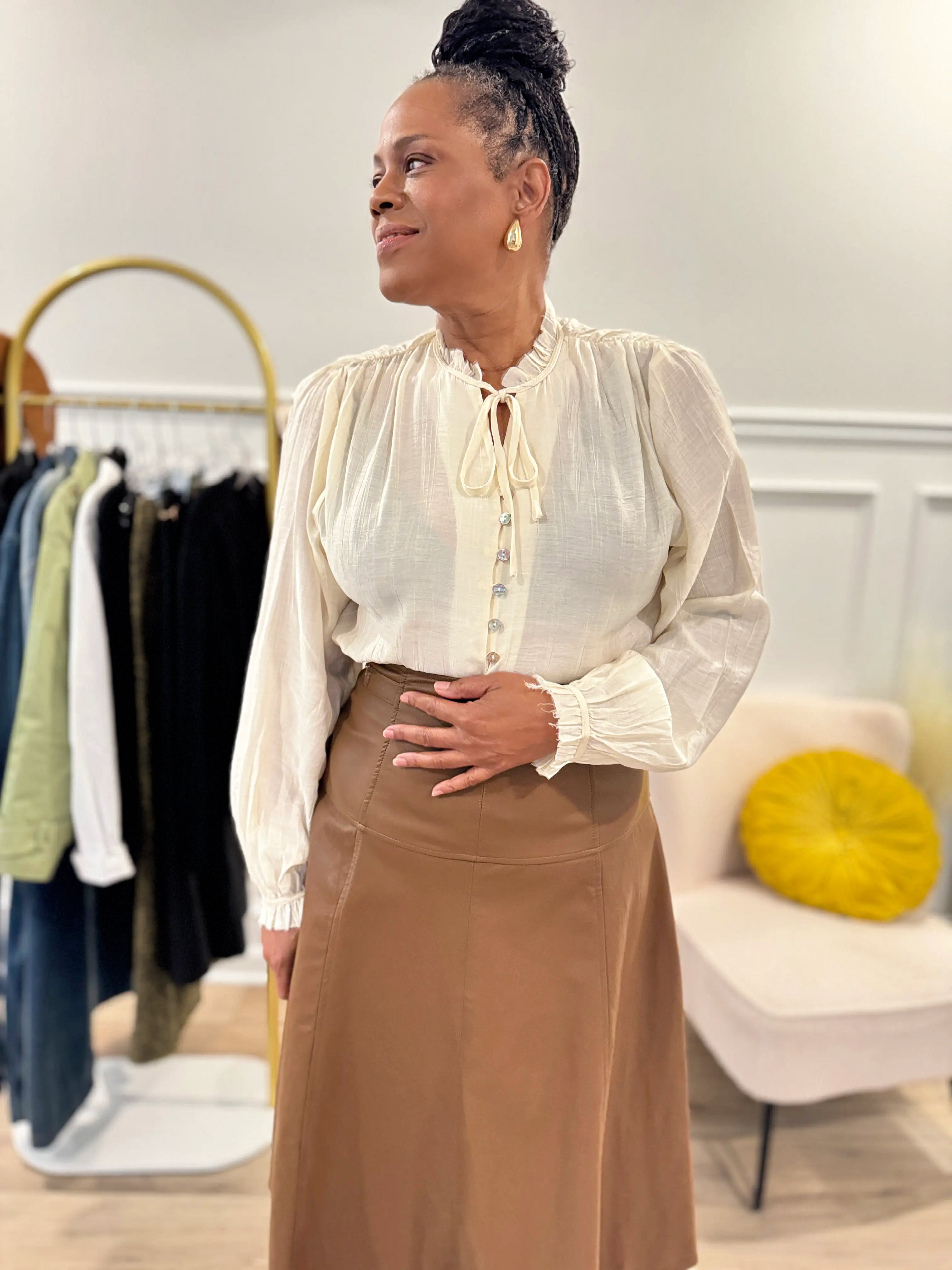 Button Front Tie Neck Blouse