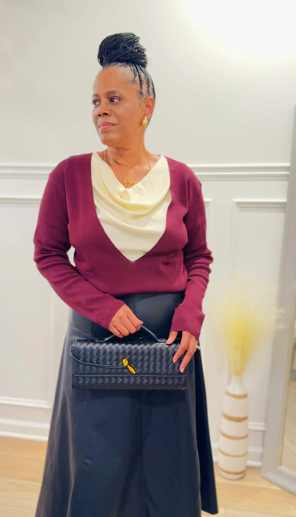 Two-Tone Knit Top with Draped Contrast Detail: BURGUNDY COMBO