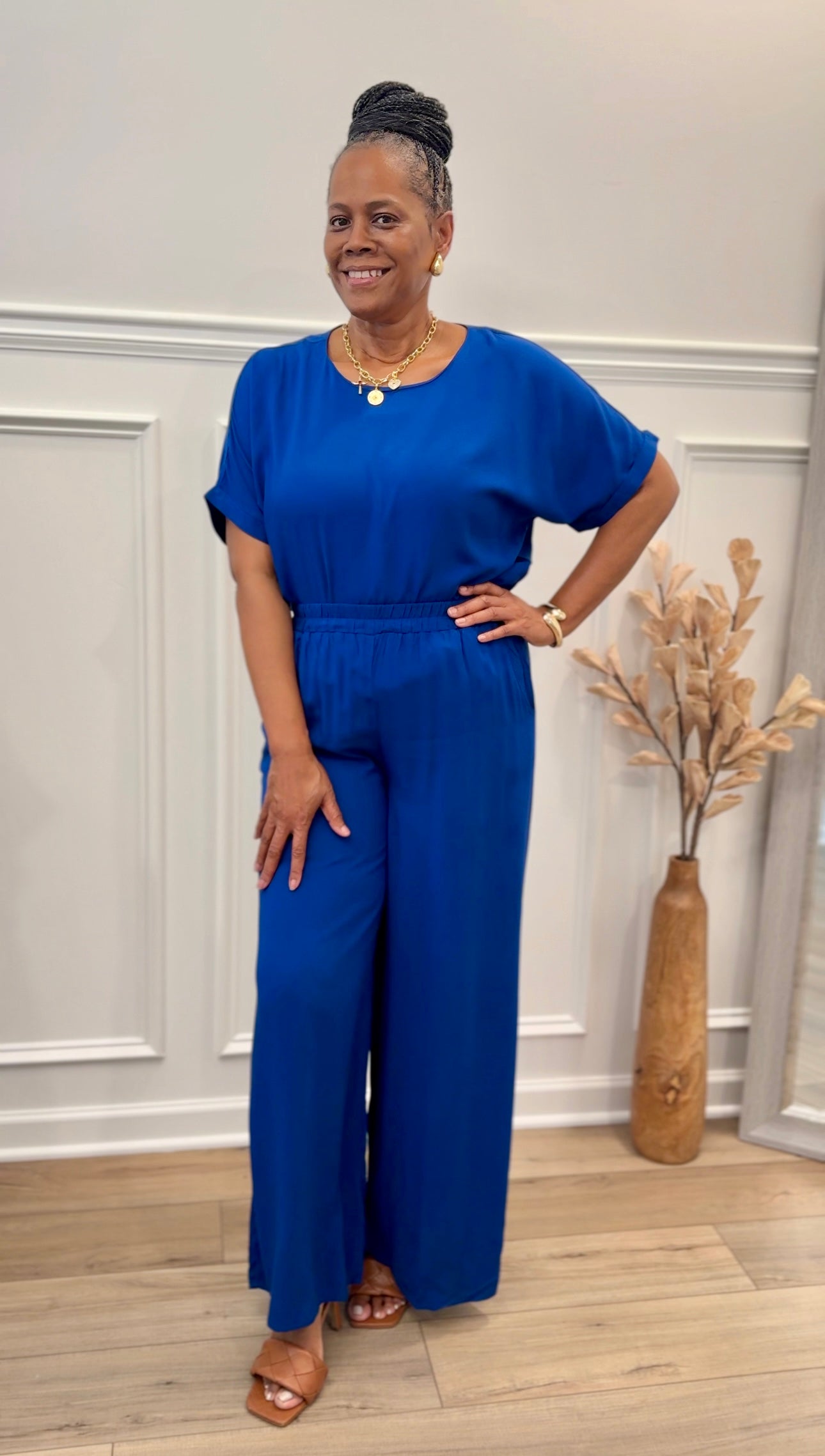 Woven Short Sleeve Long Pants Set: LT NAVY