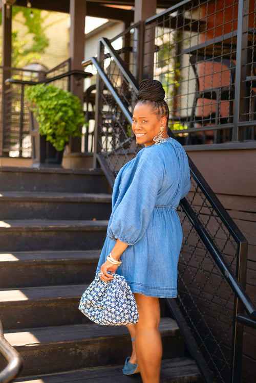 Denim V-Neck Puff Sleeve Dress