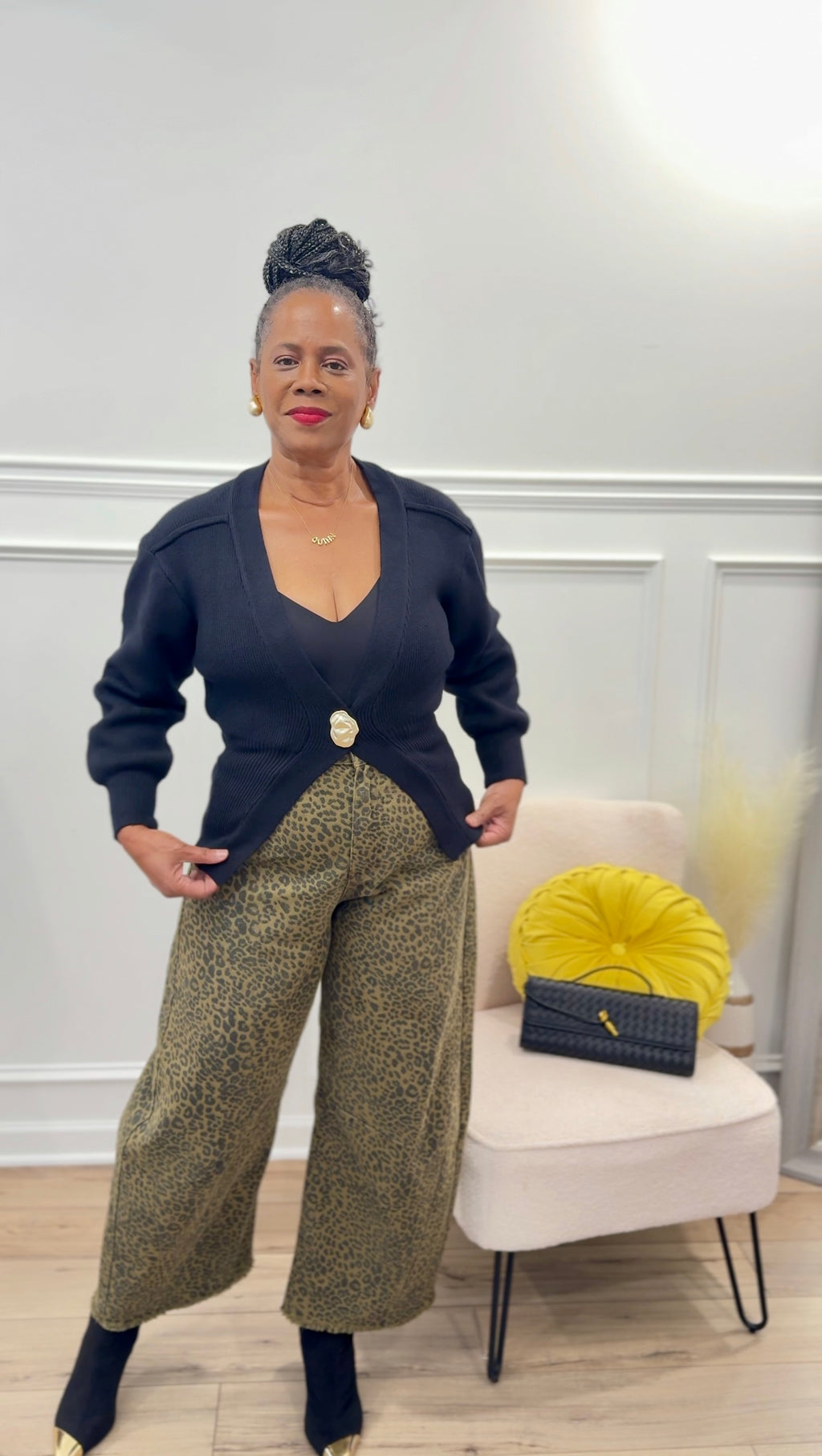 The Luxe Button Cardigan & Cheetah Barrel Jean