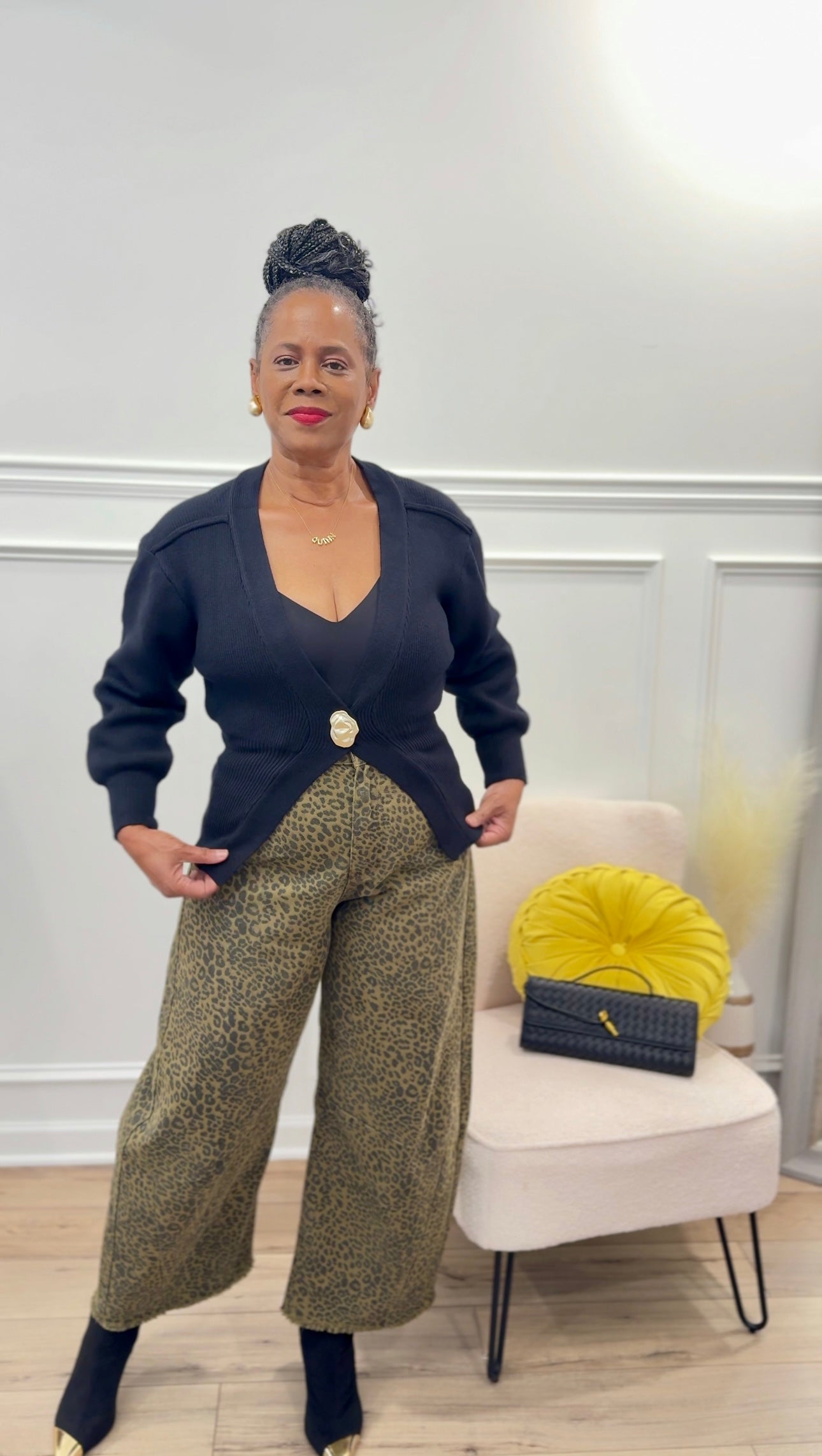 The Luxe Button Cardigan & Cheetah Barrel Jean