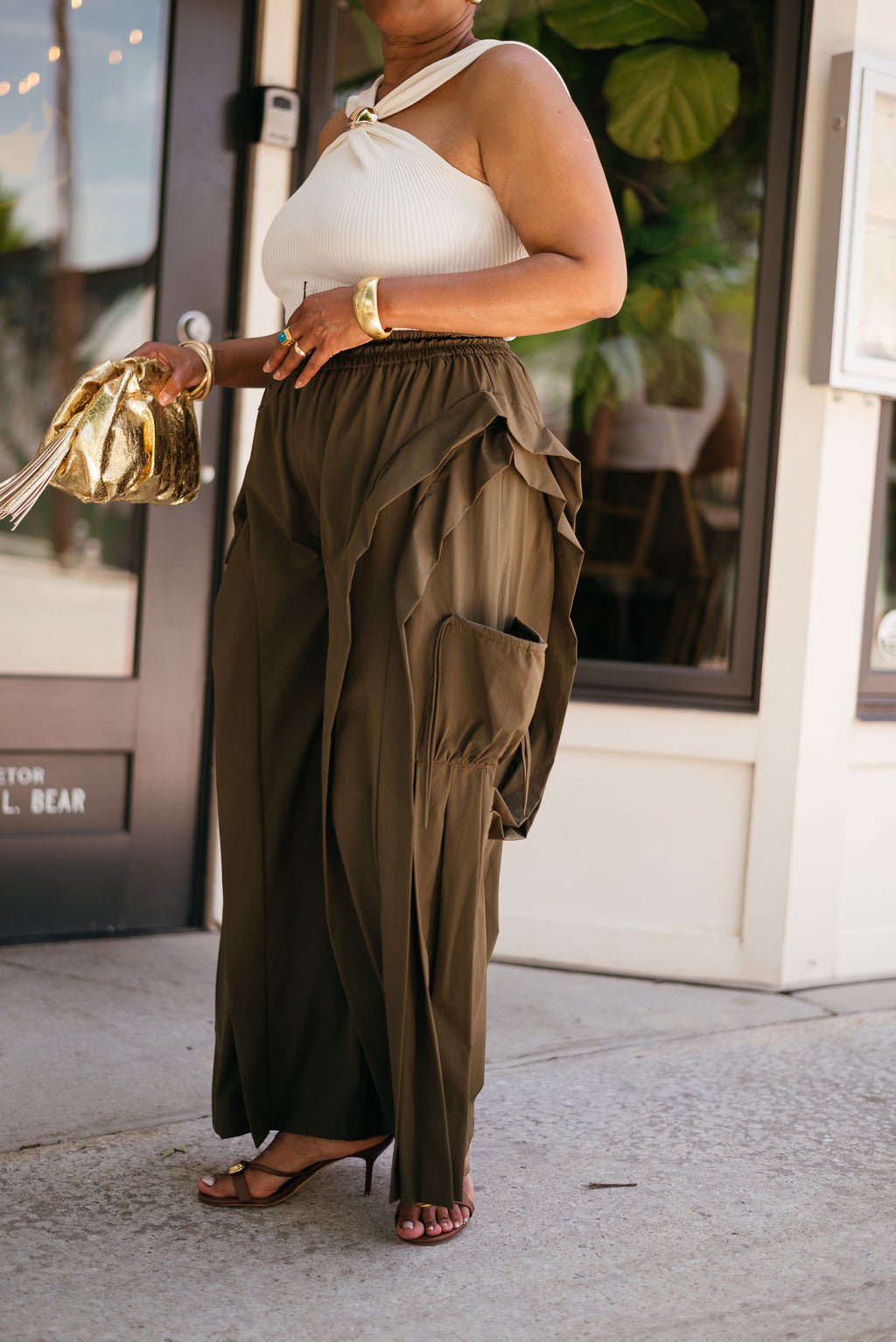Ruffle Cargo Wide-Leg Pants: ARMY GREEN