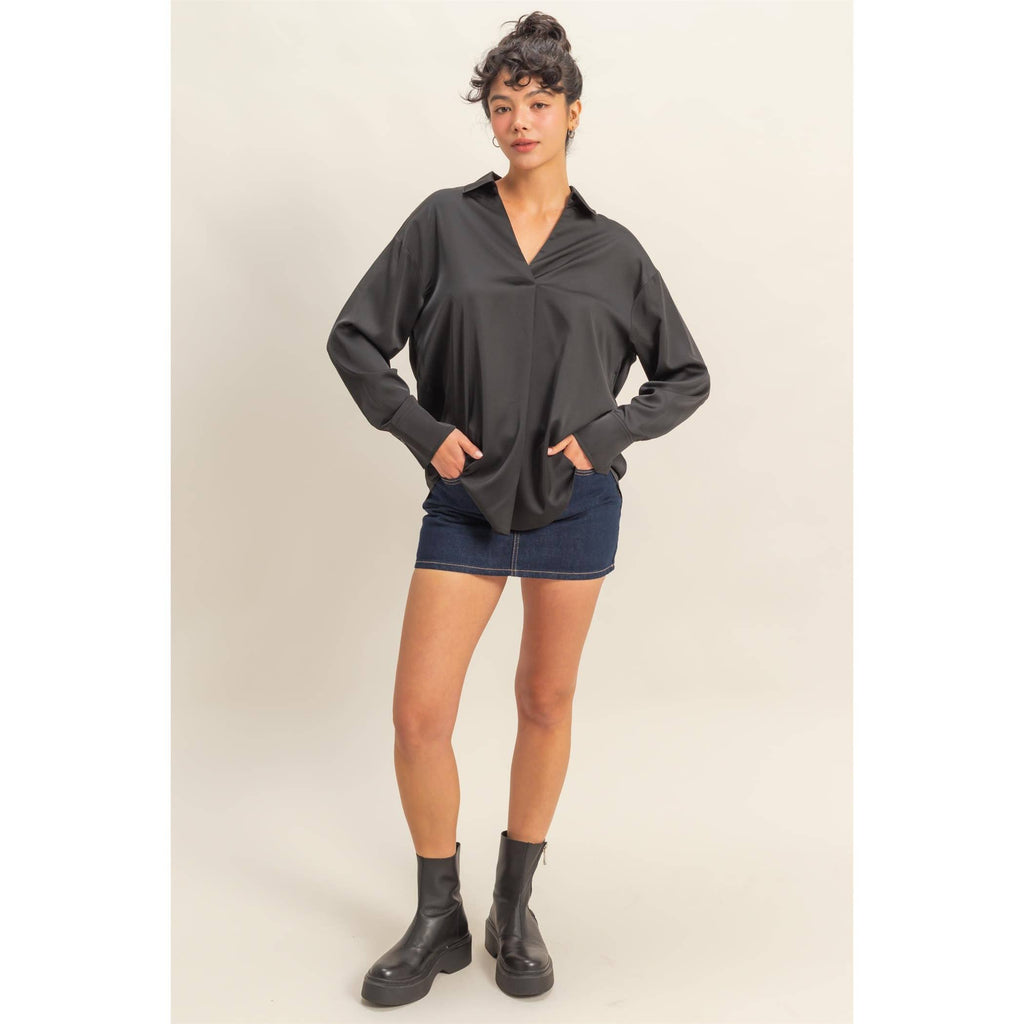 Collared V-Neck Satin Blouse: BLACK