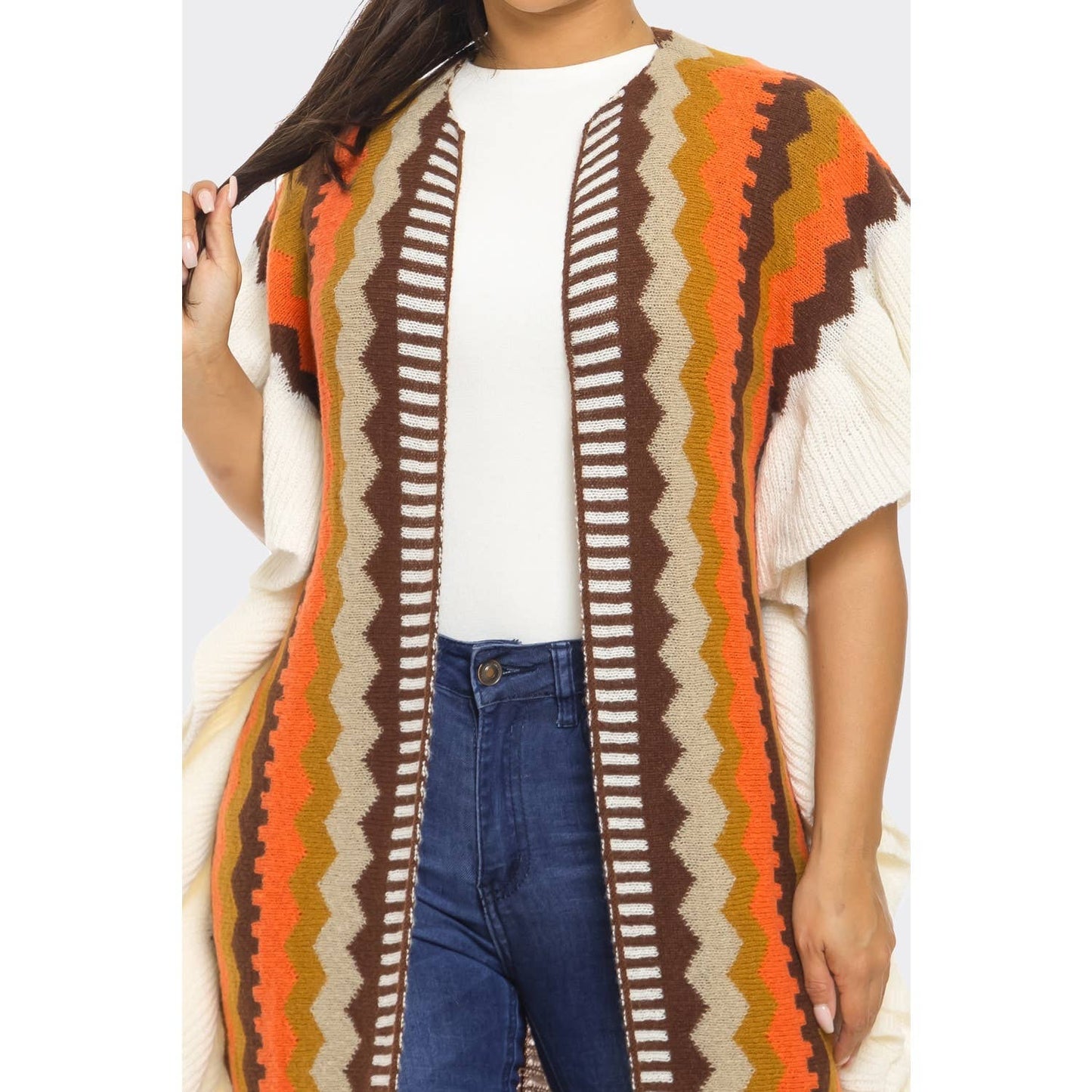 Multicolor Long Poncho Cardigan: MOCHA/MULTI / ONE SIZE