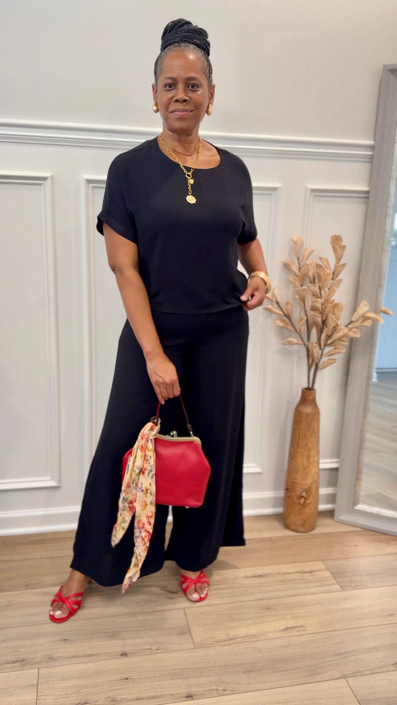 Woven Short Sleeve Long Pants Set: BLACK