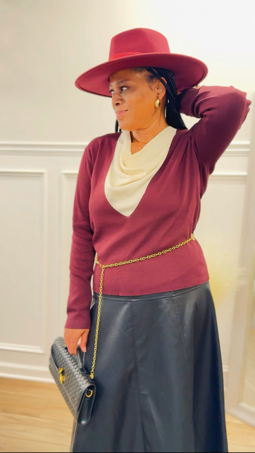 Two-Tone Knit Top with Draped Contrast Detail: BURGUNDY COMBO