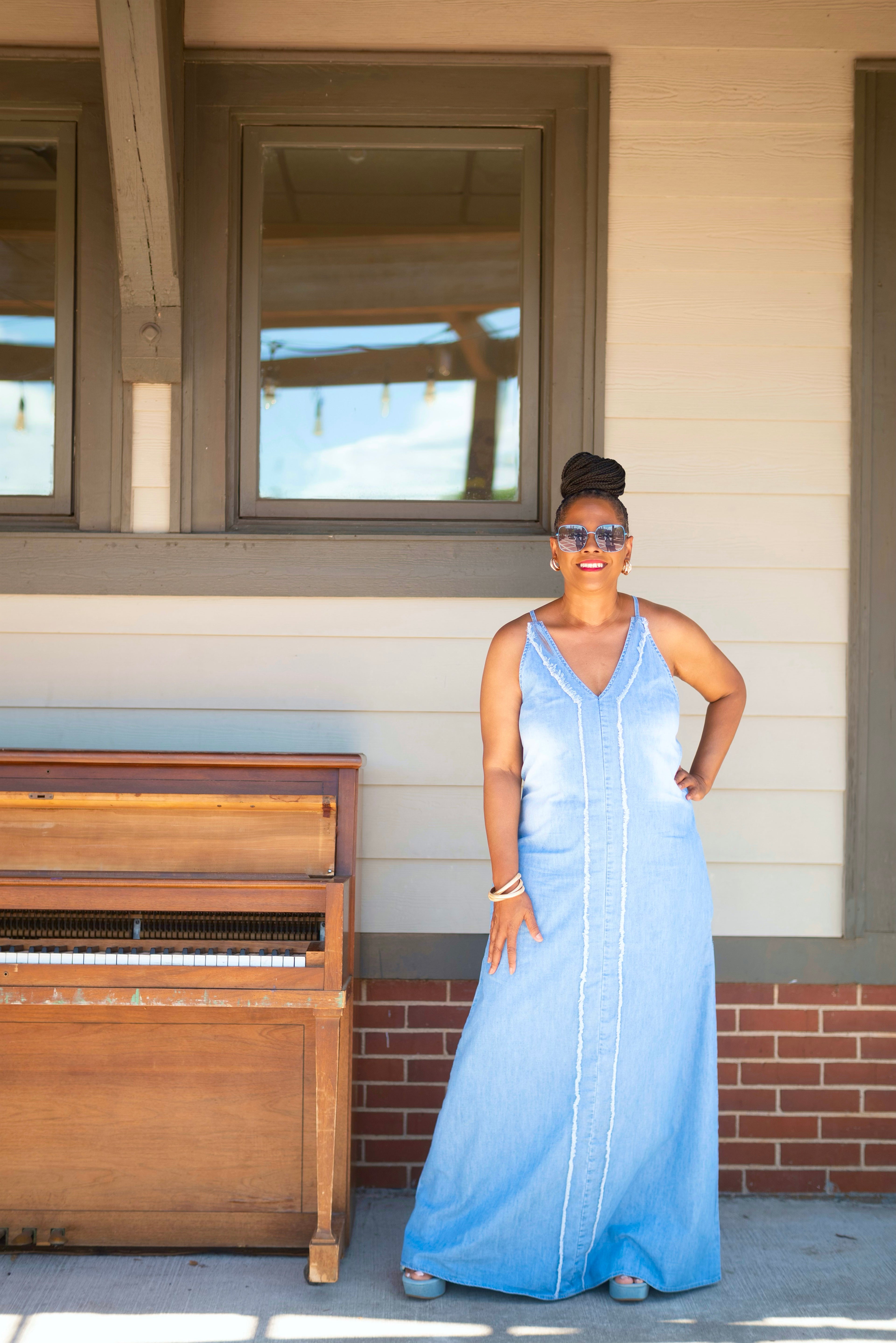 Denim front fringe maxi dress: DENIM BLUE / S-M-L-XL / 1-1-1-1