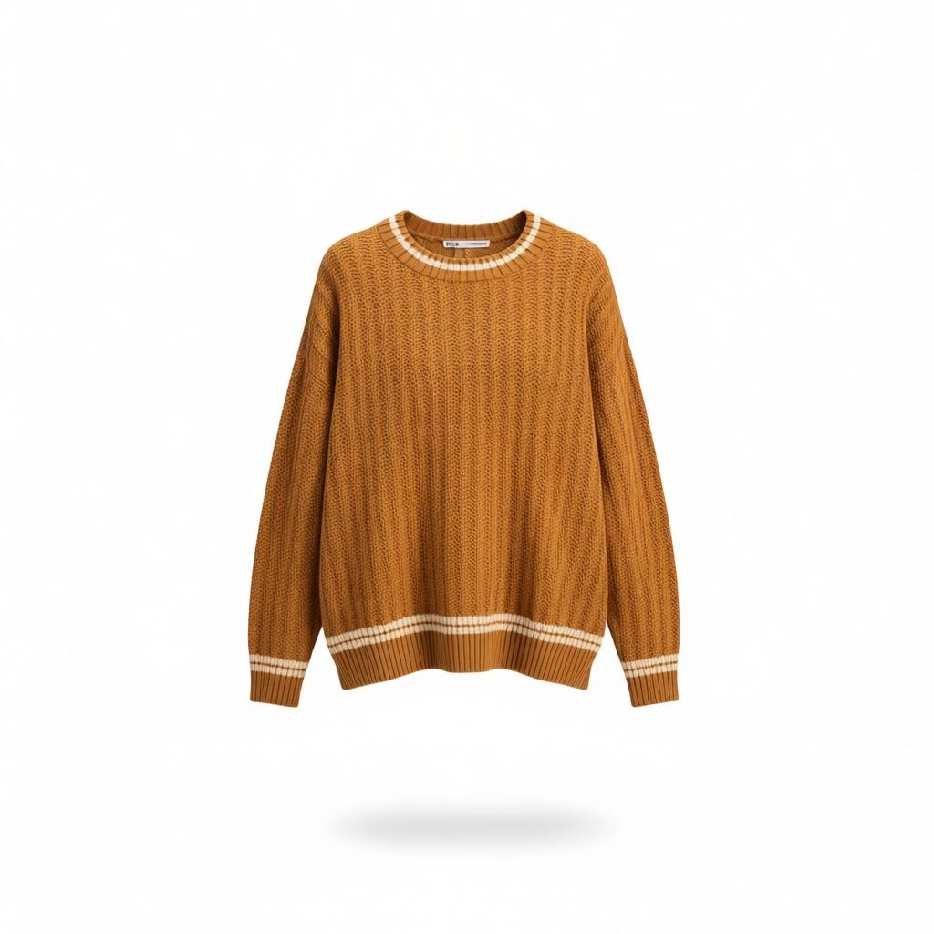 Textured Knit Sweater With Contrast Trim Detail: CAMEL
