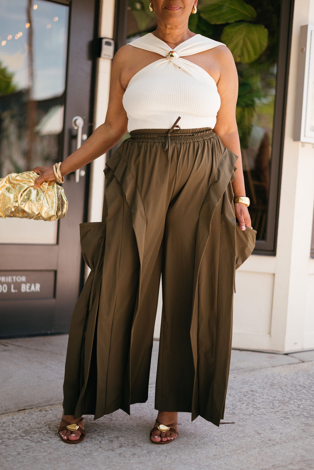 Ruffle Cargo Wide-Leg Pants: ARMY GREEN