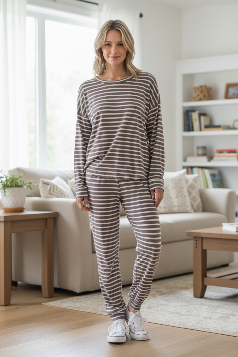 French Terry Animal Mix Lounge Set - Striped Print: Grey